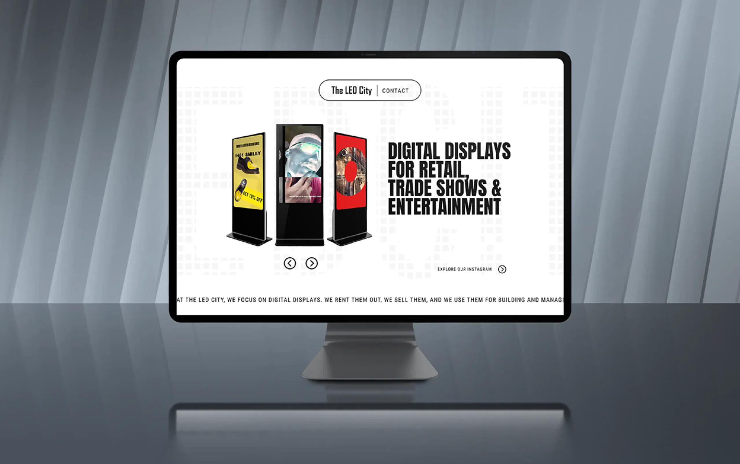 Computer screen showing digital display solutions for retail, trade shows, and entertainment on a sleek background.