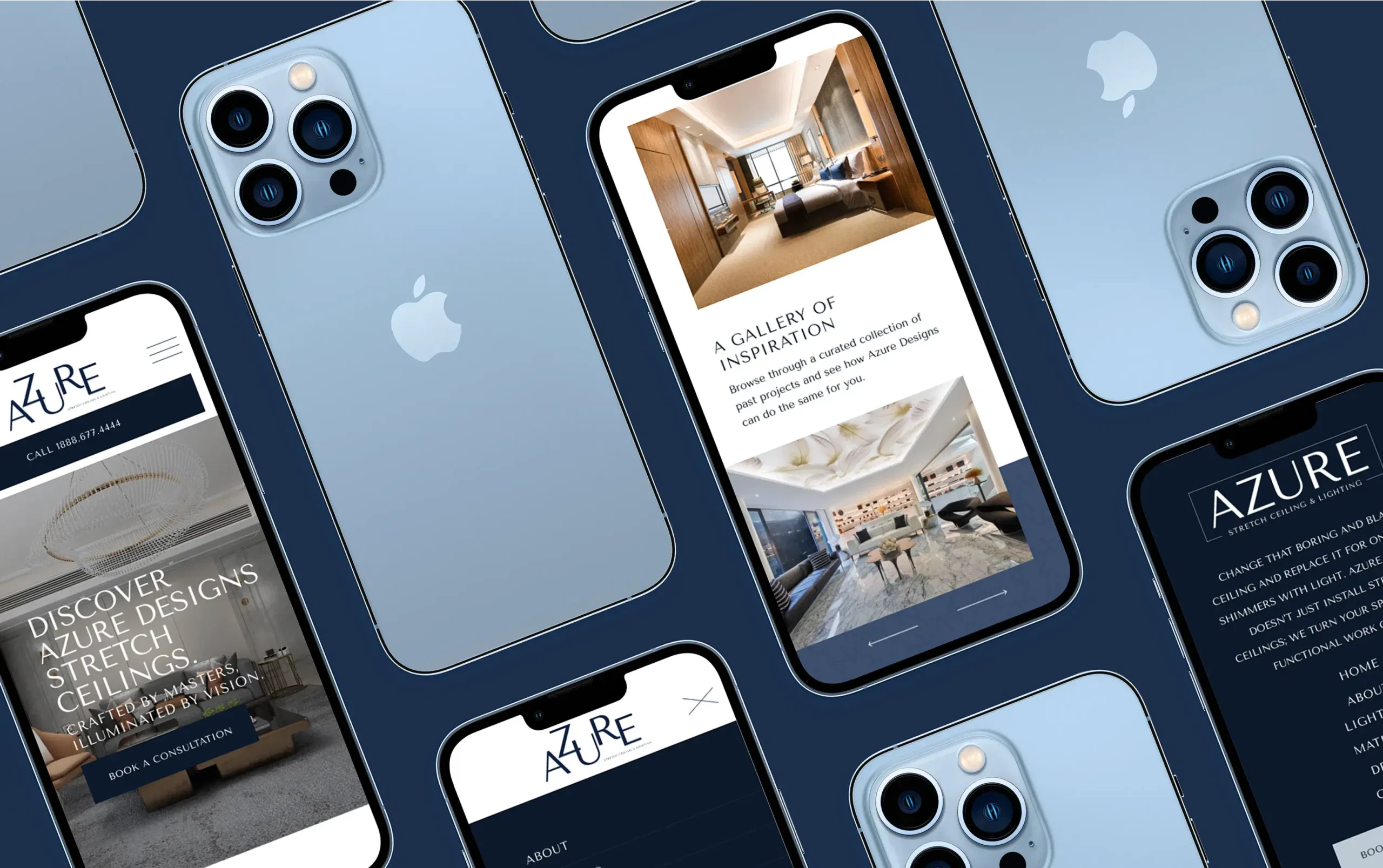 Sleek blue smartphones displaying a modern interior design website layout