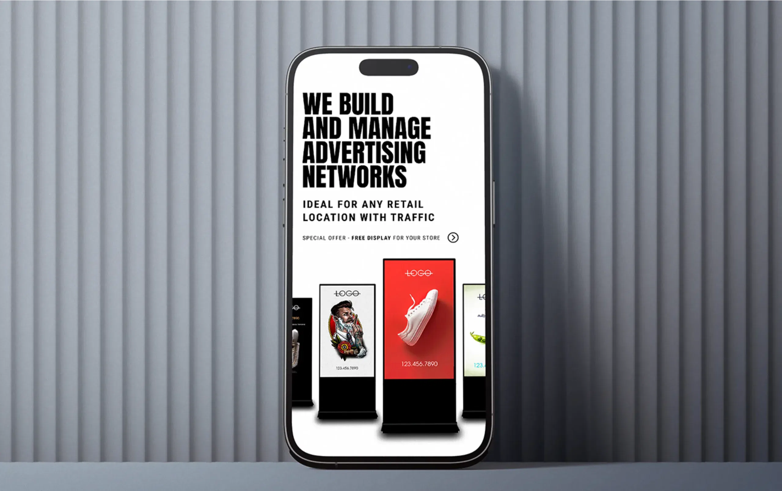 Smartphone displaying advertising network platform with vibrant digital billboards