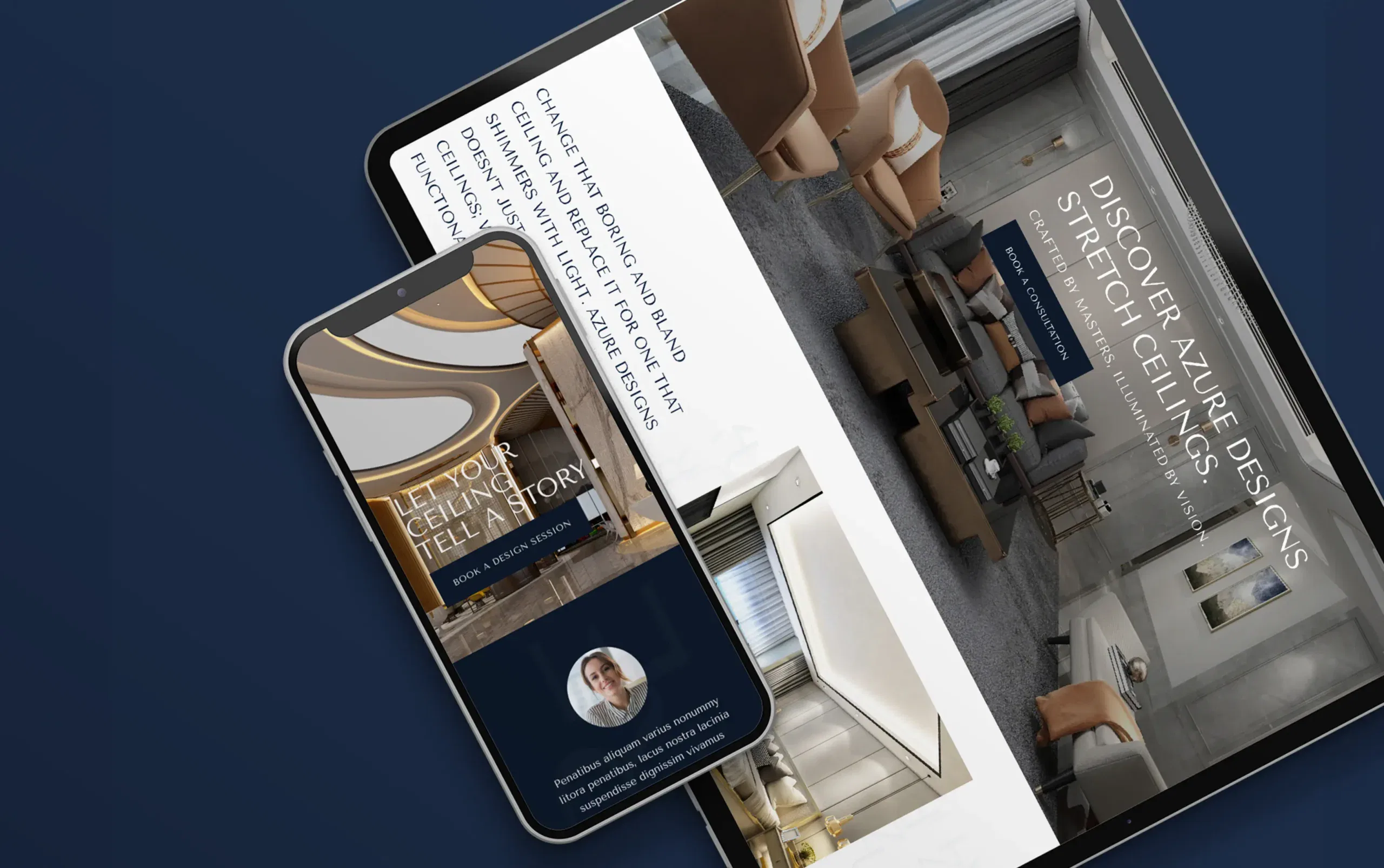 Mobile and tablet screens showcasing modern interior design with emphasis on stretch ceilings.