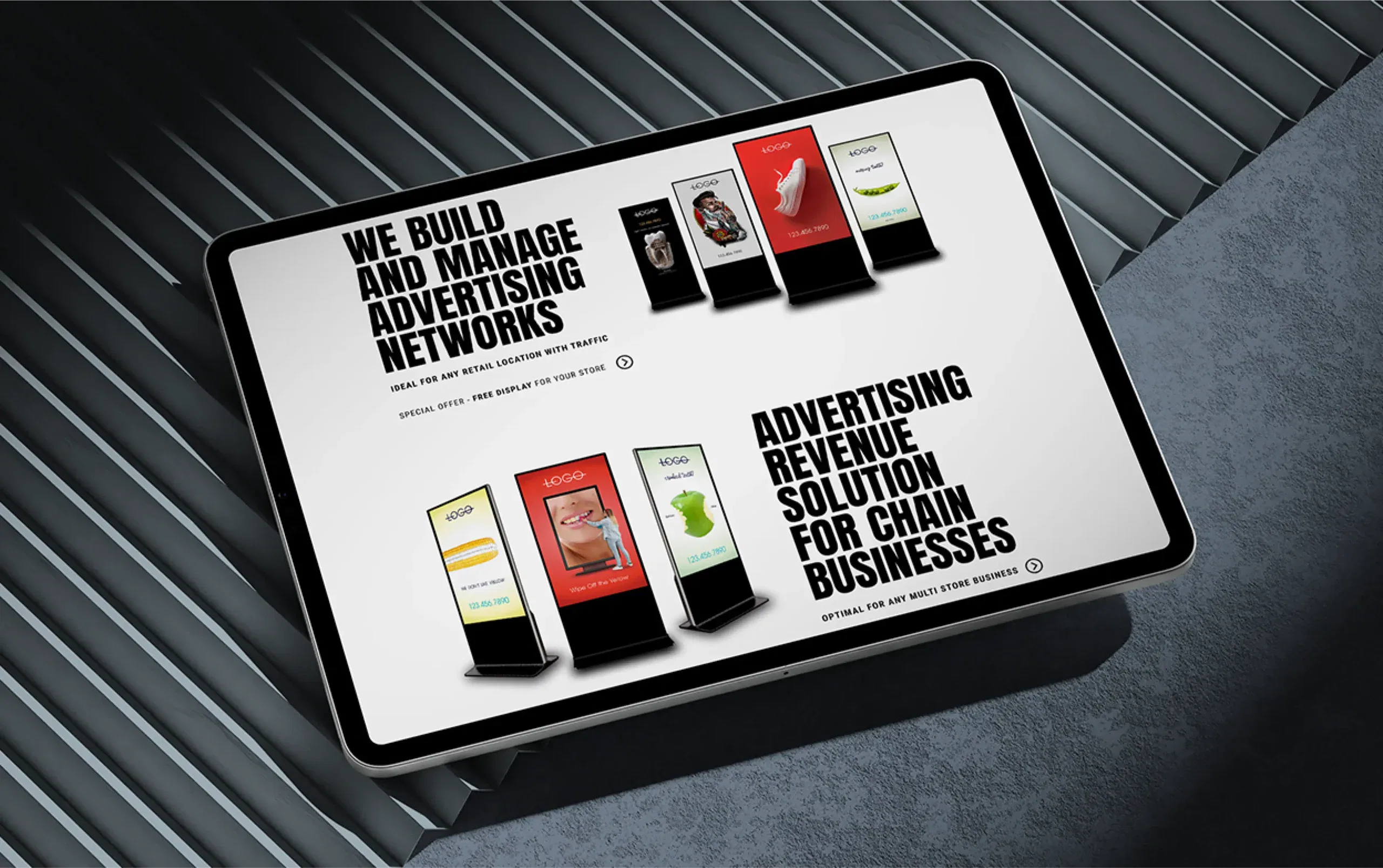Digital signage showing advertising solutions for chain businesses on a tablet display.