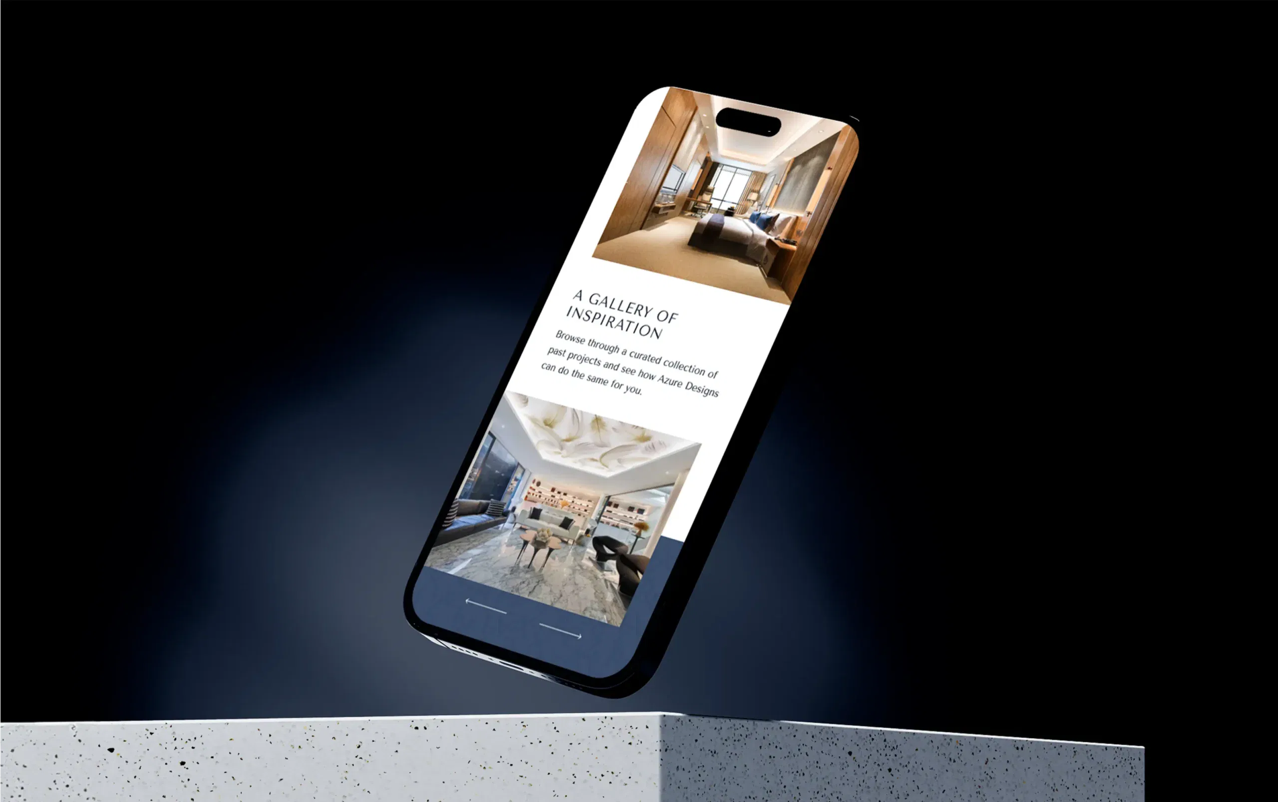 Smartphone displaying a webpage with elegant interior design images on a dark background.