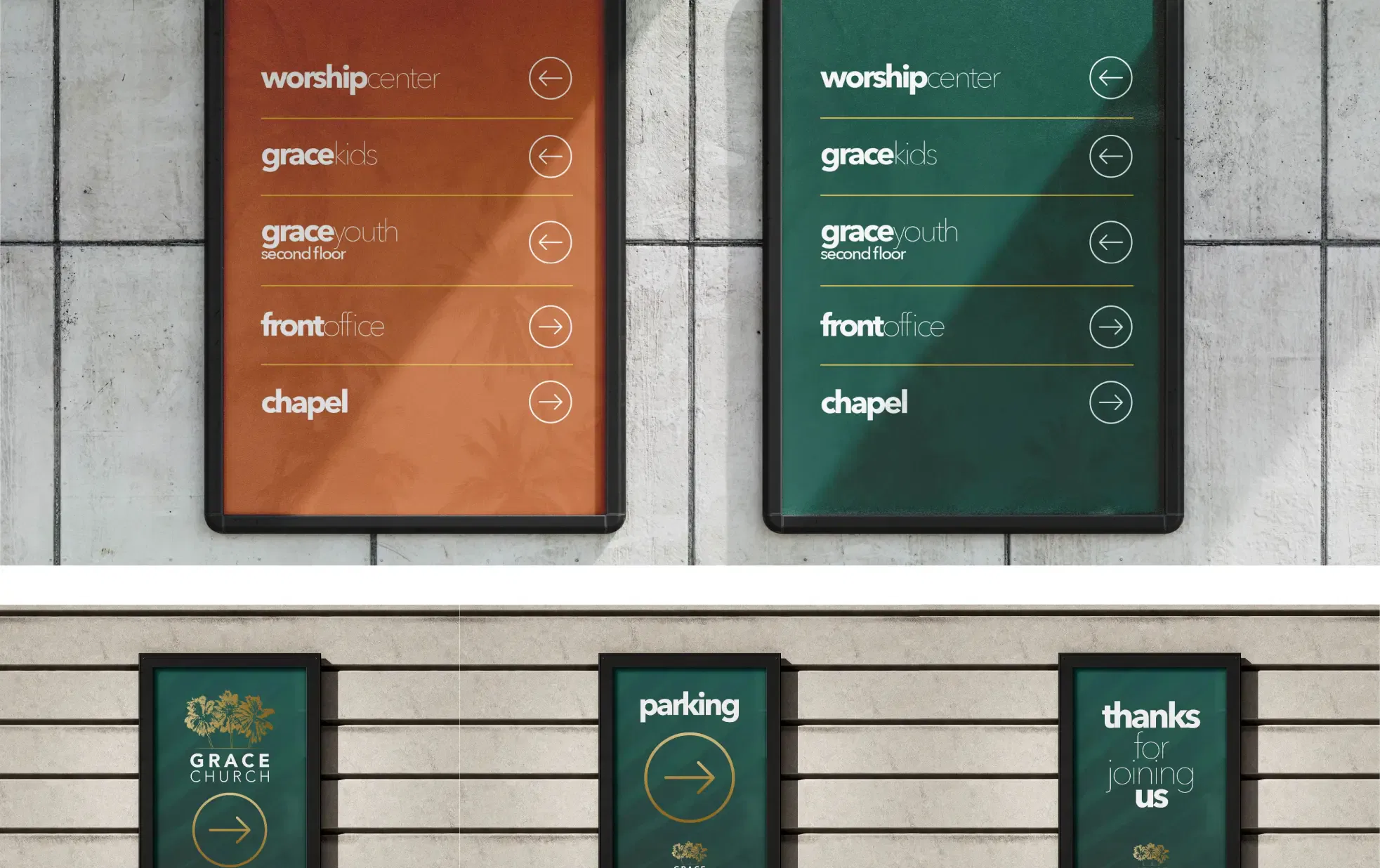 Elegant signage display board with various worship and service locations indicated.