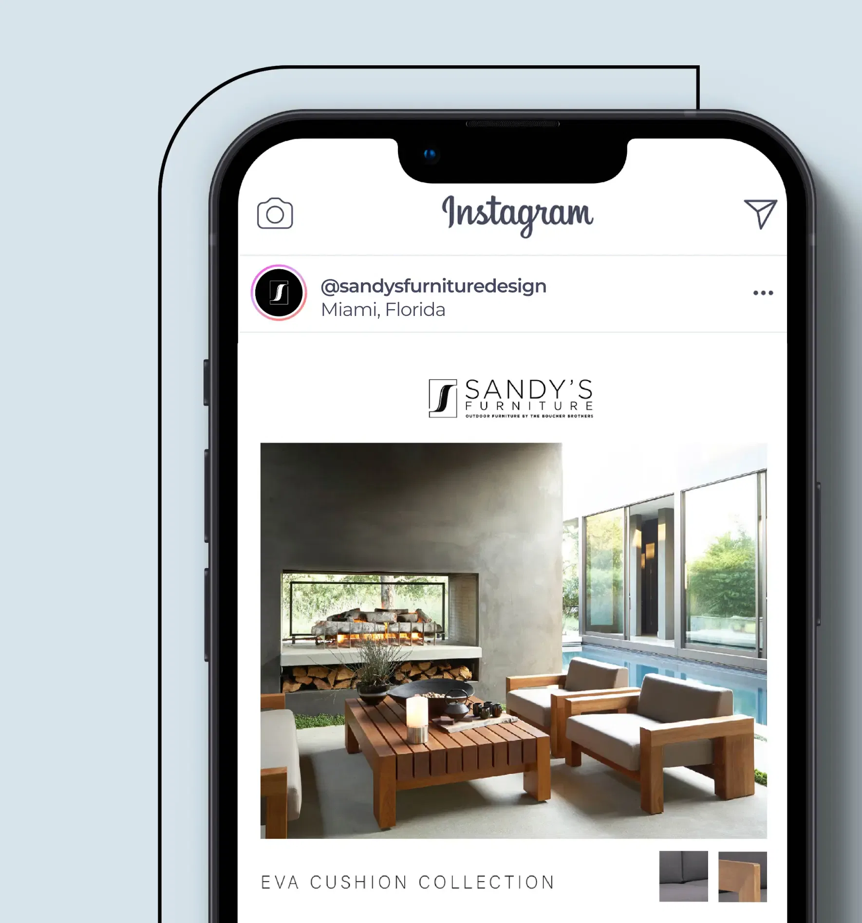 Instagram post showcasing Sandy's Furniture Eva Cushion Collection with sleek modern seating in a bright, airy space.