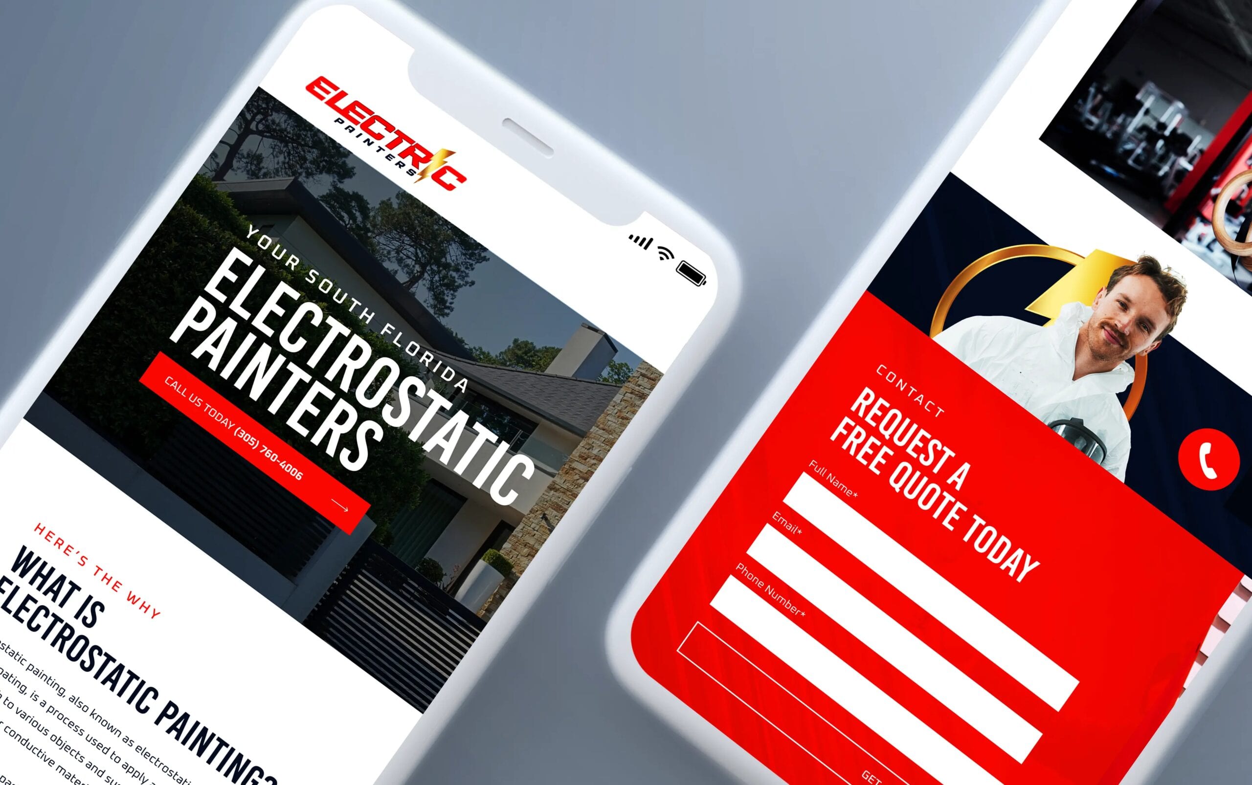 Two smartphones display Electrostatic painting service websites, showcasing modern design.
