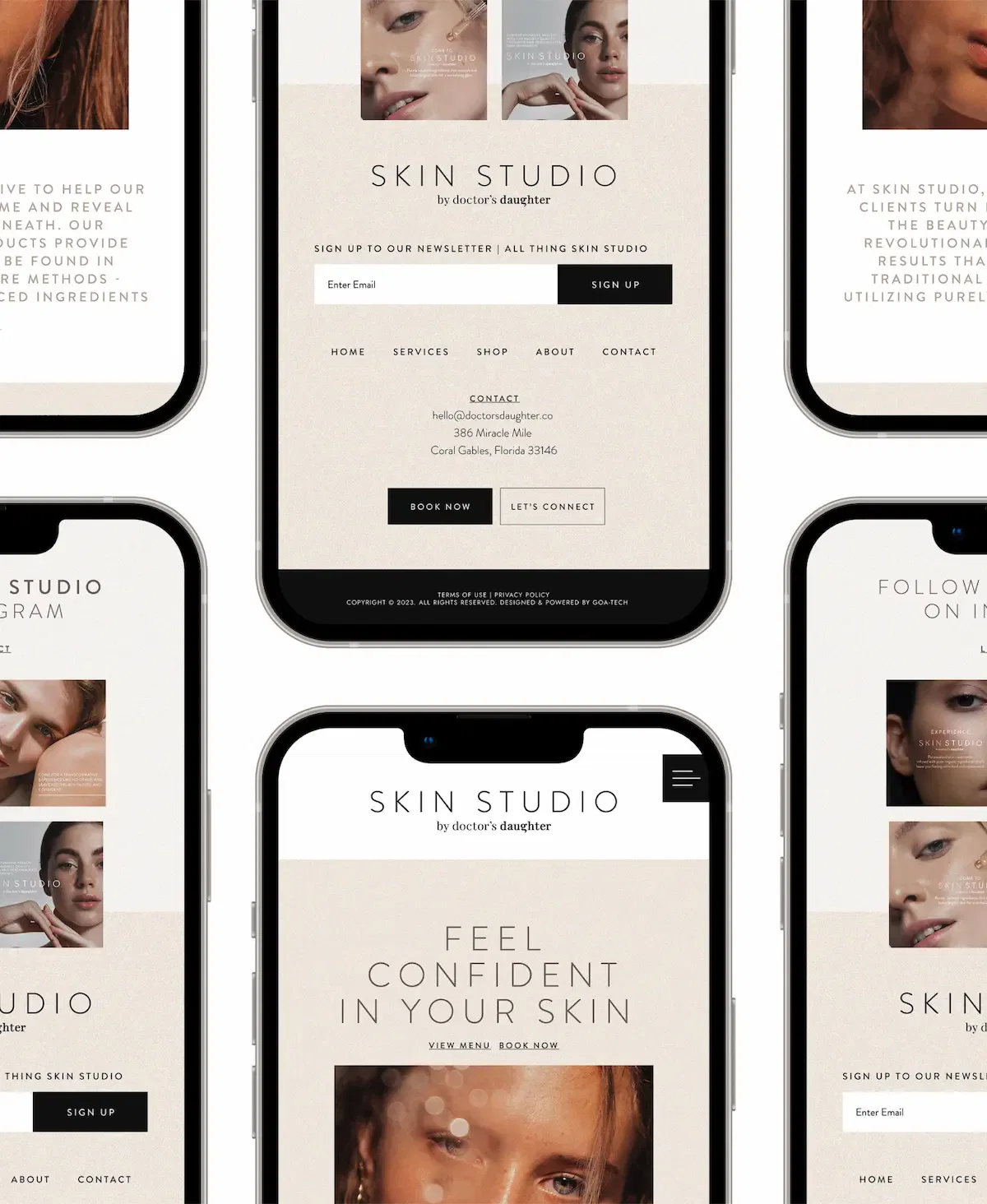 Mobile screens displaying Skin Studio’s sleek website interface.
