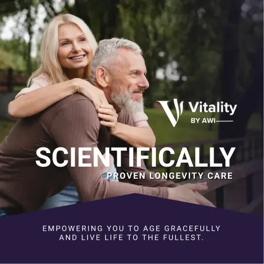 Smiling couple enjoying a park setting, promoting vitality and longevity care.