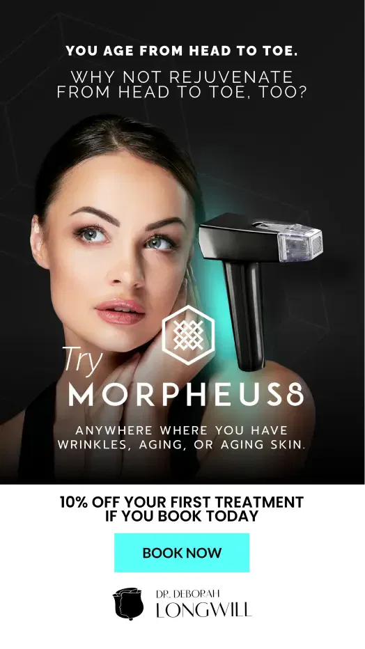 Woman with rejuvenated skin holding Morpheus8 device for skincare.