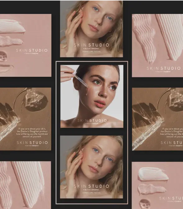 Collage of skincare product visuals featuring close-ups of women applying creams and serums.