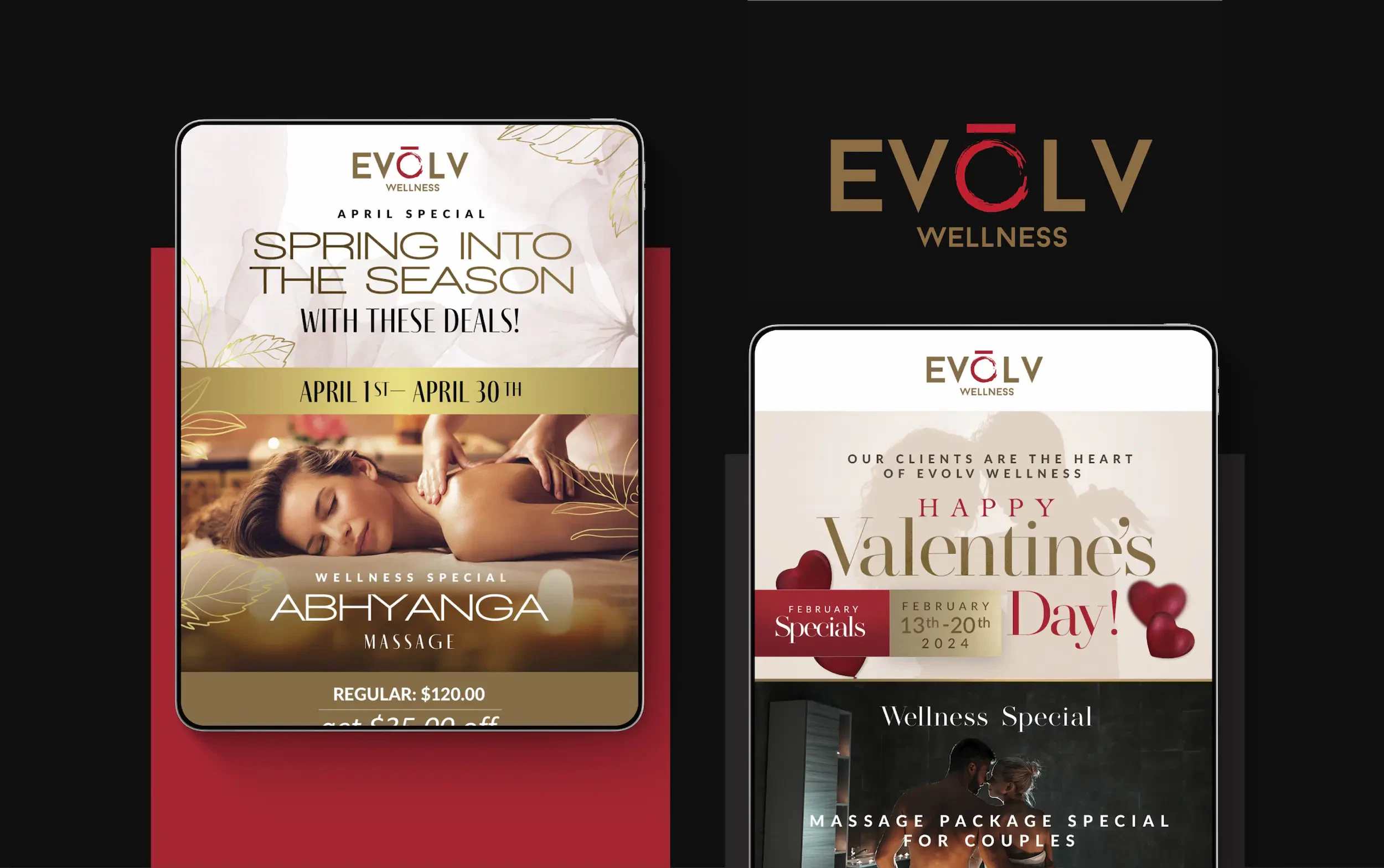 Wellness spa promotions showcased in elegant designs with seasonal themes for relaxation.