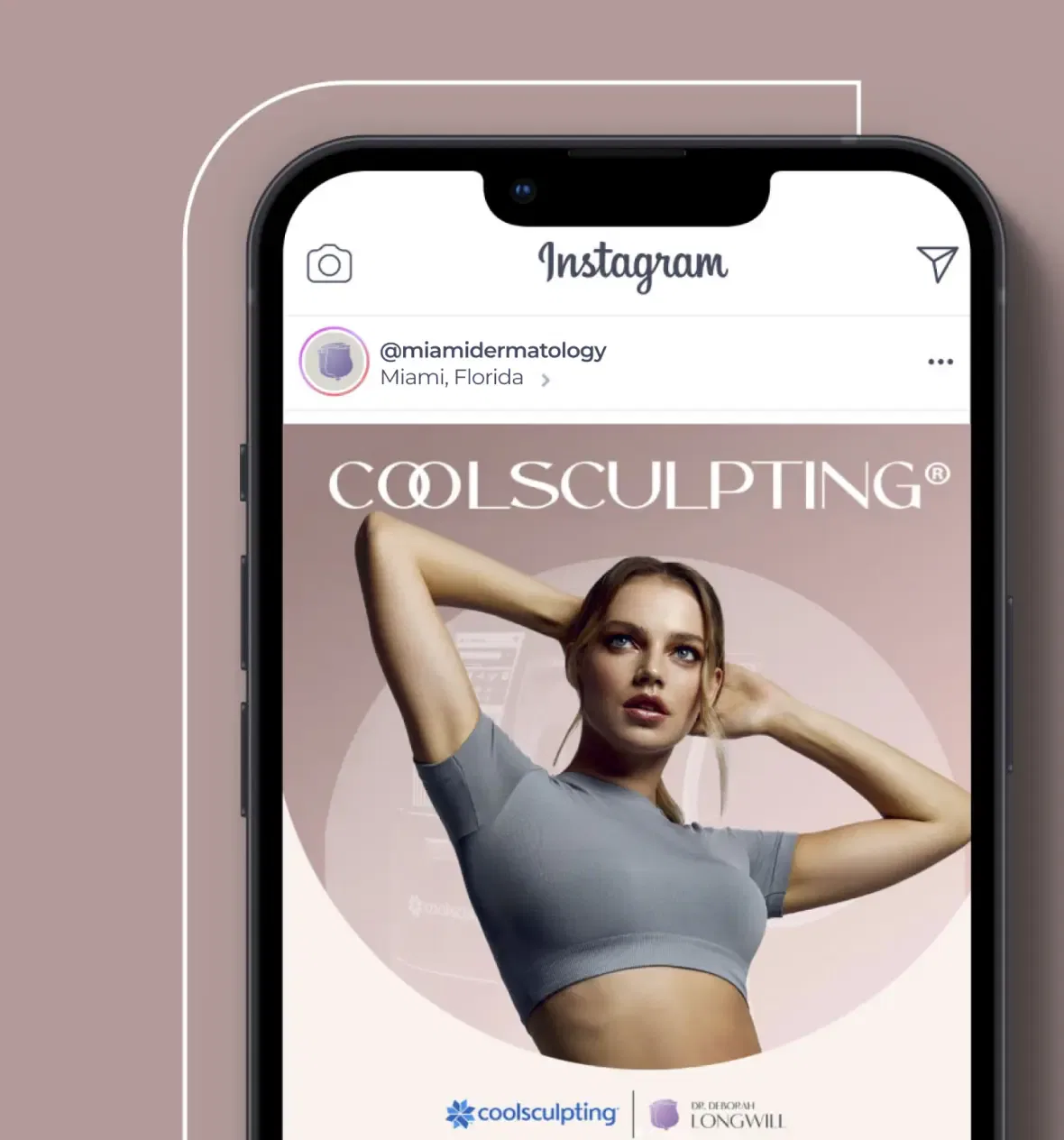 Woman pictured on smartphone screen in CoolSculpting advertisement.