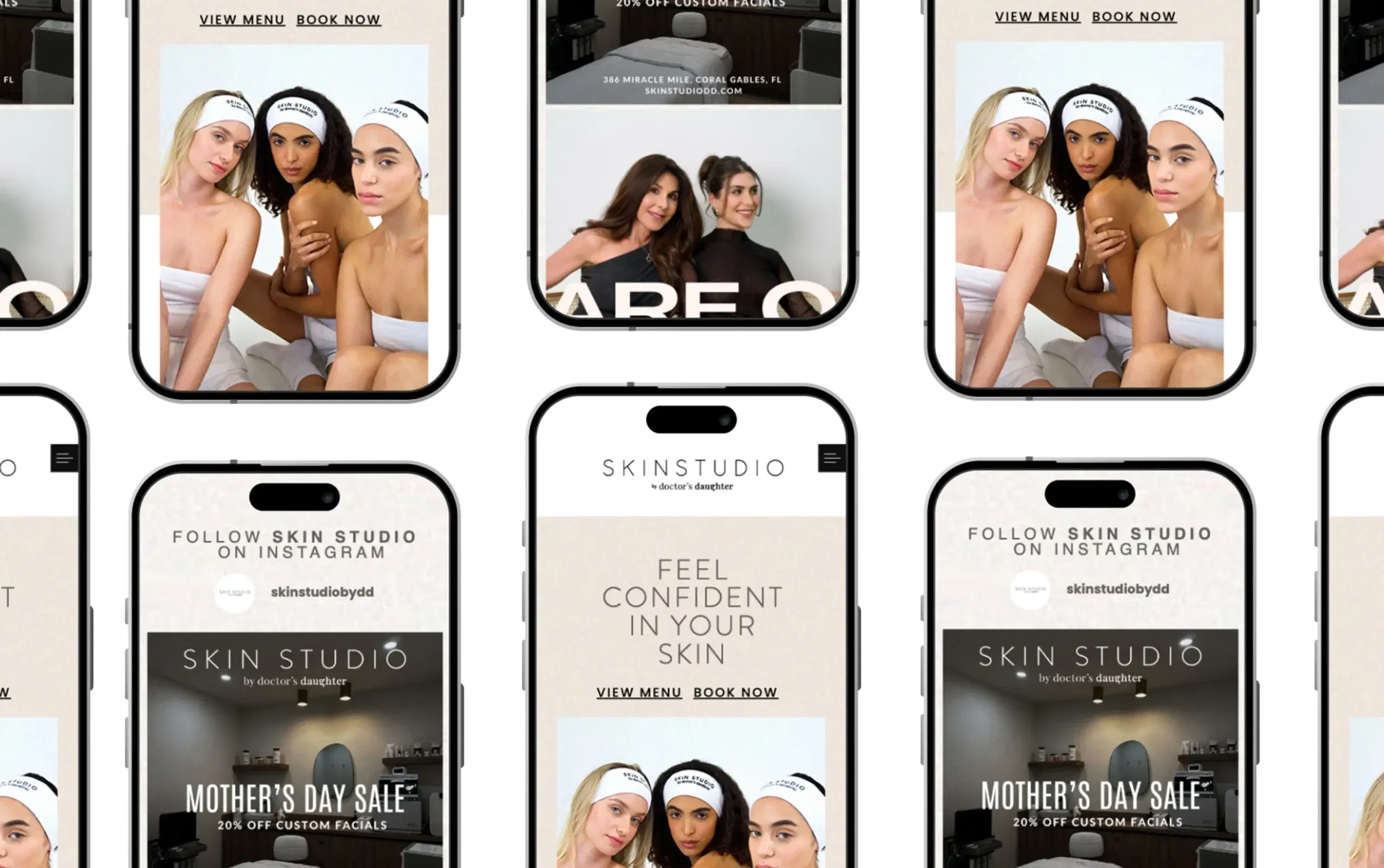 Collage of mobile screenshots featuring skincare sessions and promotions.