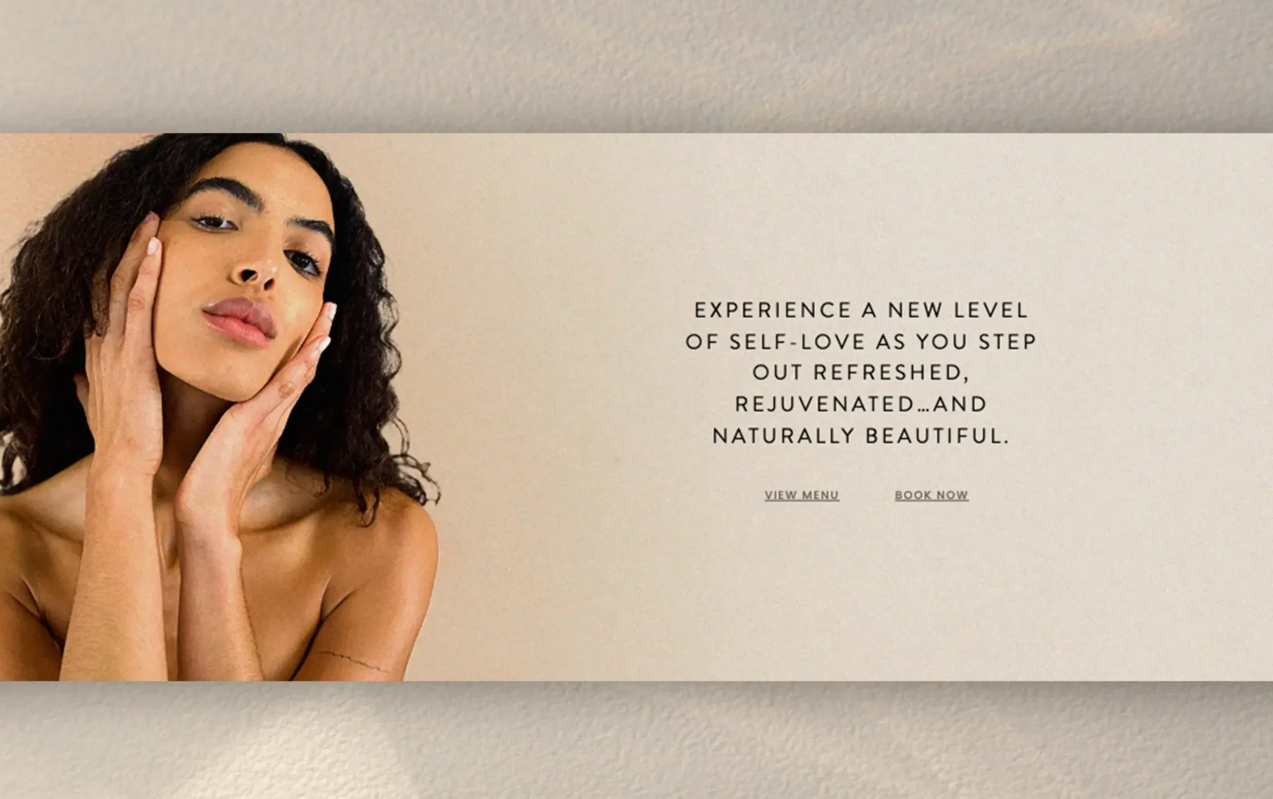 Woman showcasing natural beauty while holding her face, with a quote on self-love and rejuvenation on the side.