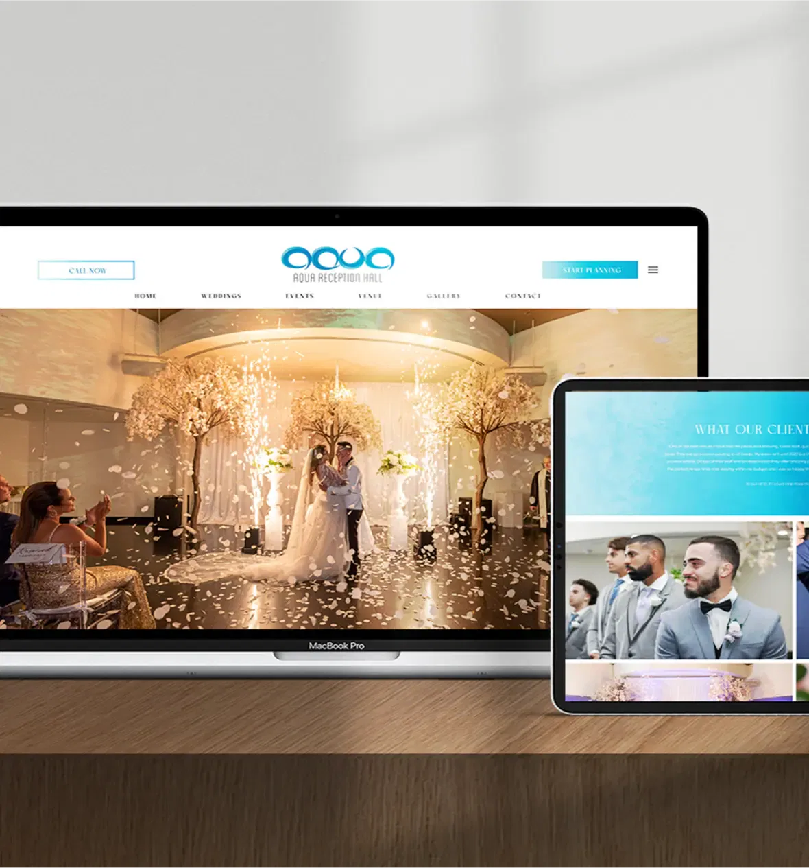 Sleek website design showcased on laptop and tablet with a wedding venue theme.