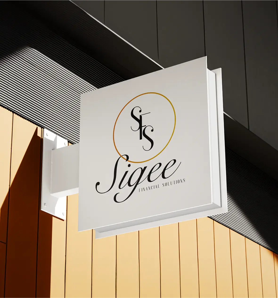 A modern outdoor sign with elegant white and gold lettering against a wooden facade.