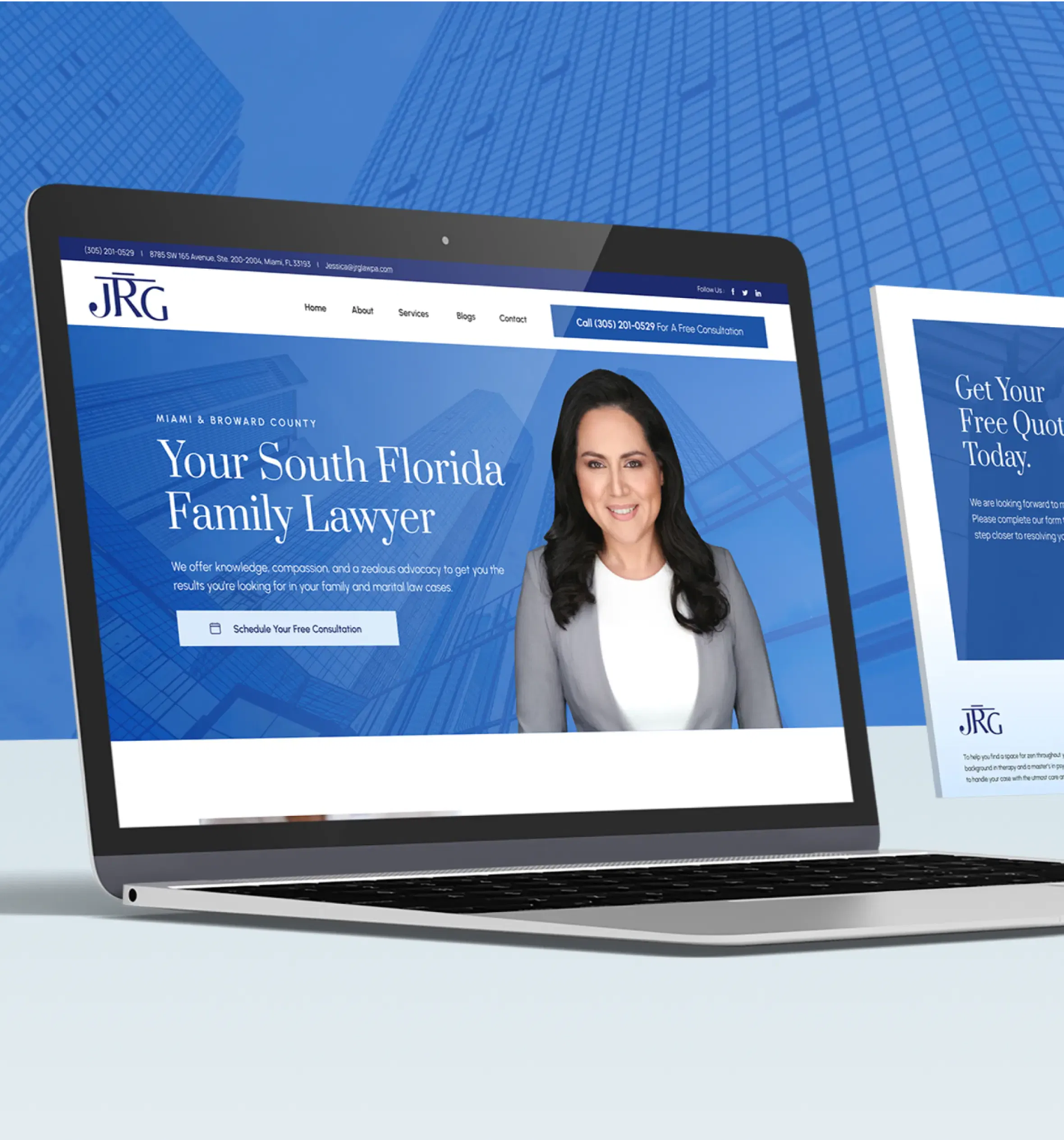 Laptop showing a family lawyer website with contact form alongside a brochure on a light blue background.