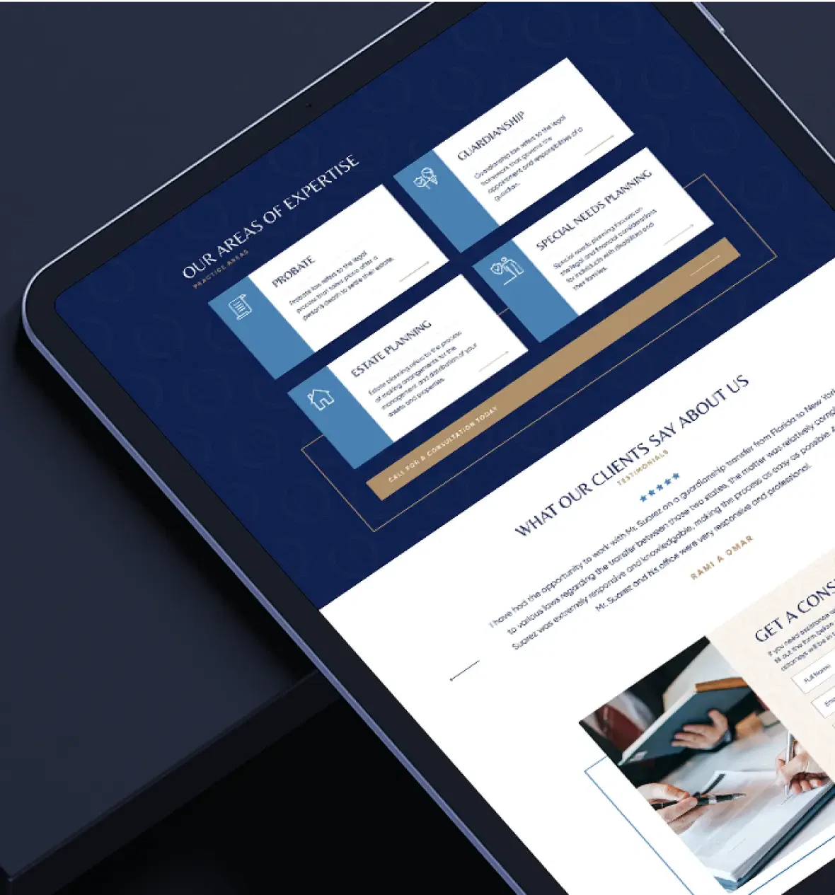 Tablet displaying a digital portfolio with areas of expertise and client testimonials.