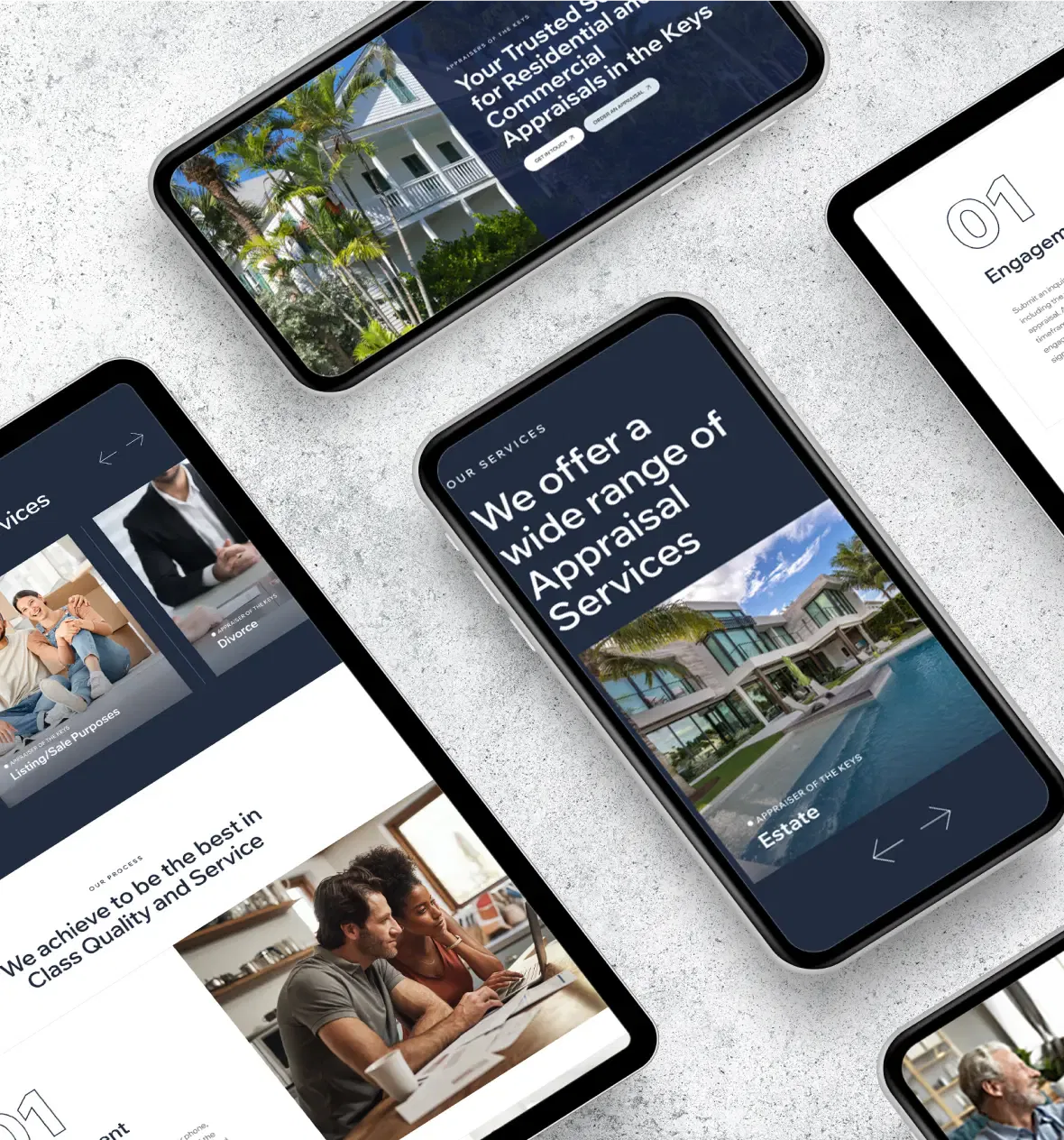 Various digital devices displaying real estate and appraisal service webpages against a white background.
