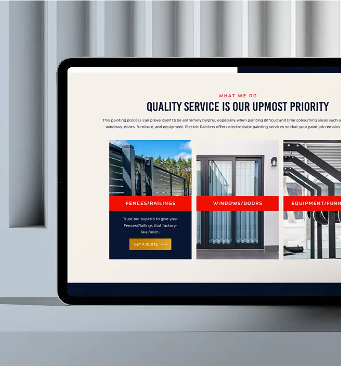 Laptop displaying a website highlighting quality service with an emphasis on fences, windows, and outdoor equipment.