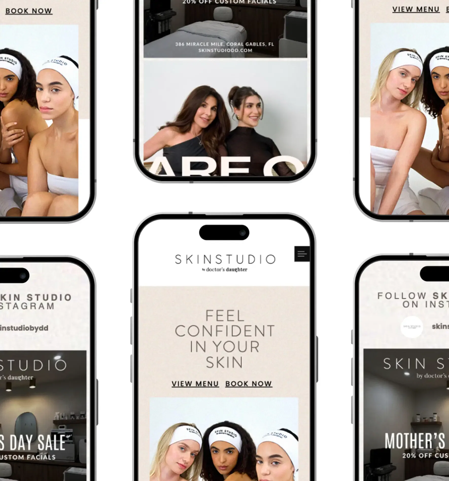 Group of individuals on mobile screens displaying Skin Studio skincare promotions.