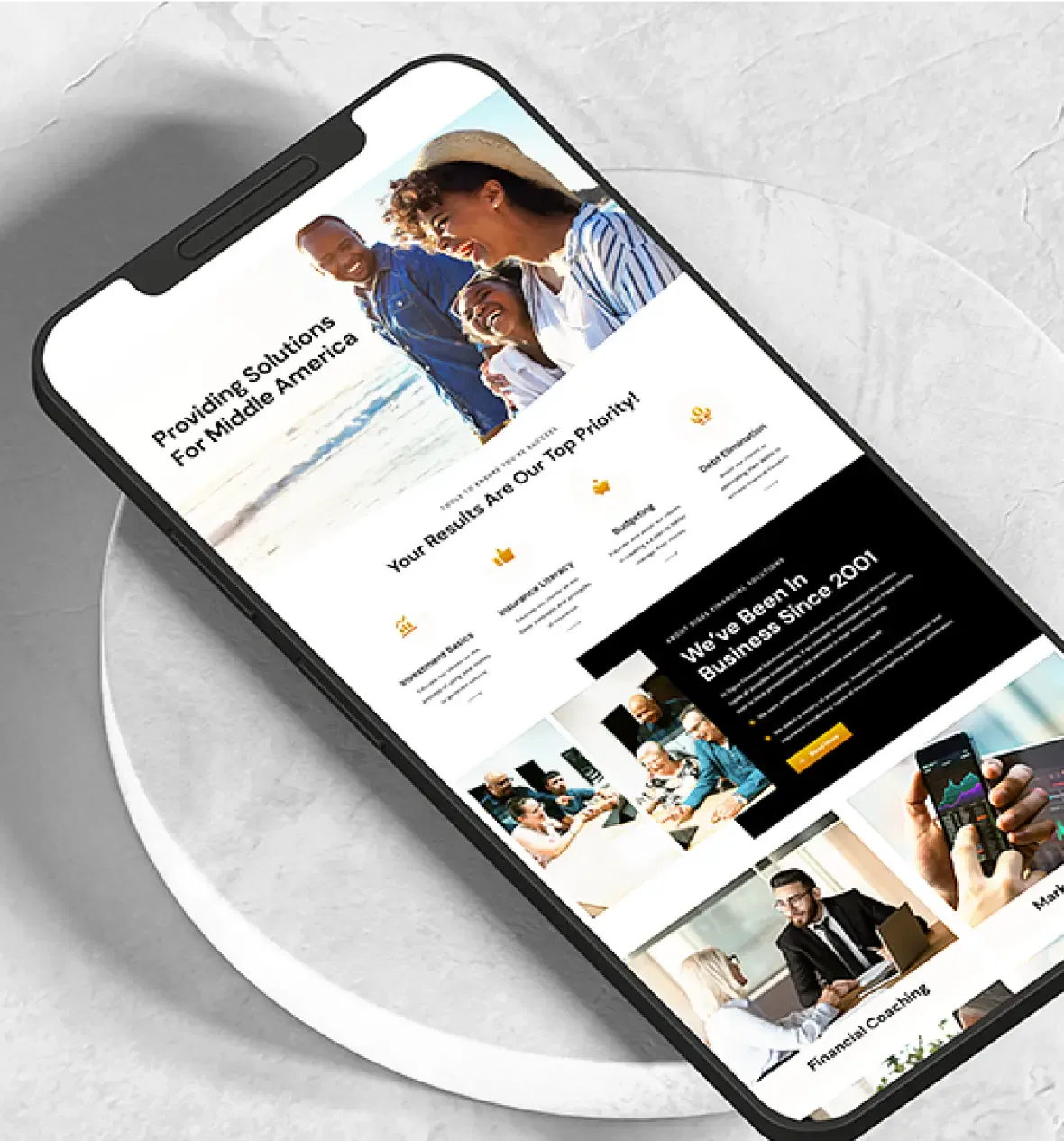 Smartphone displaying a professional website layout with business-themed design.