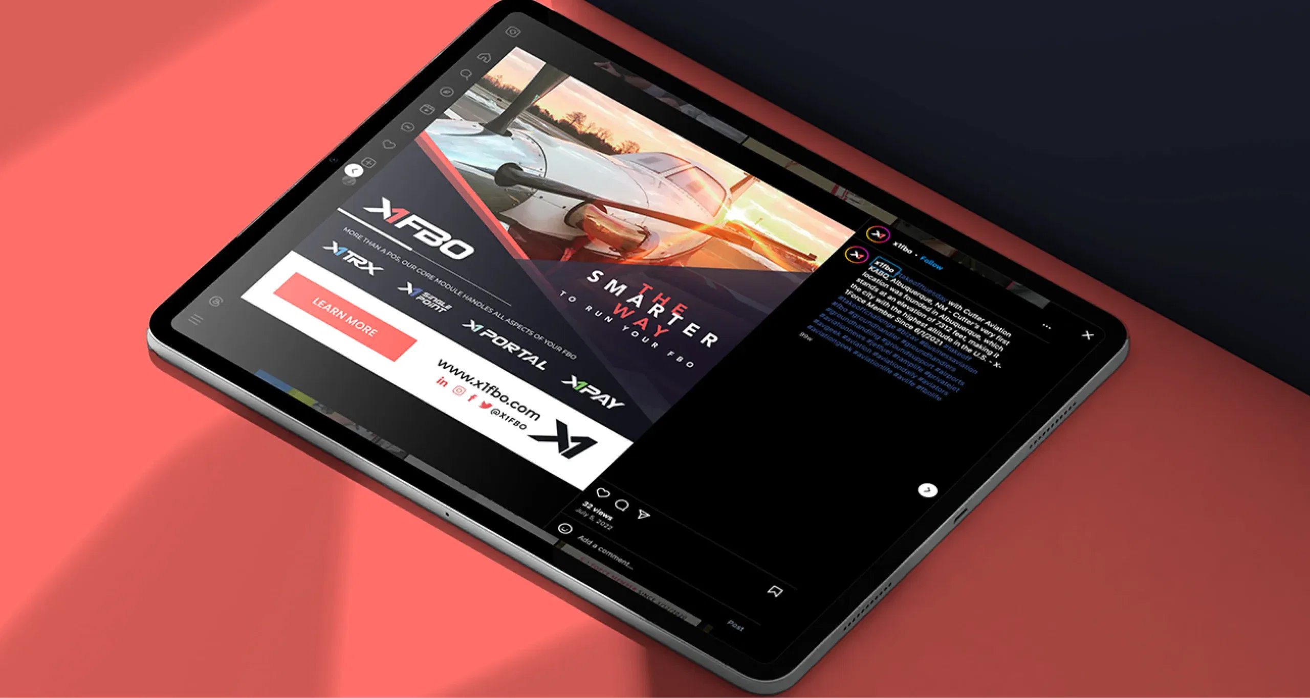 Tablet displaying dynamic ad with vibrant graphics and sleek design.
