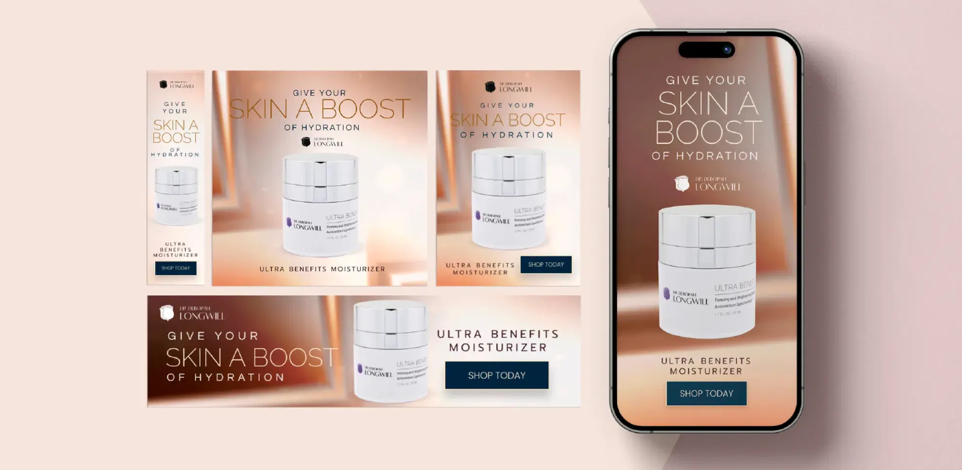 Luxurious skincare product ad featuring hydrating moisturizer on mobile and desktop screens.