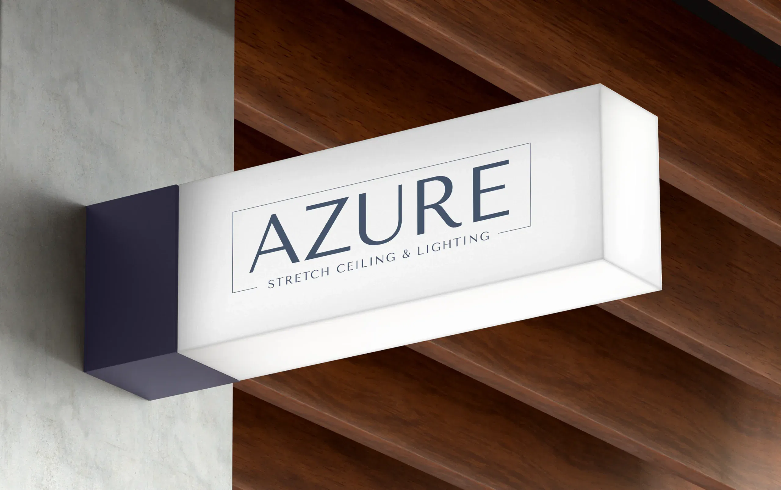 Illuminated Azure ceiling and lighting sign against wooden ceiling.