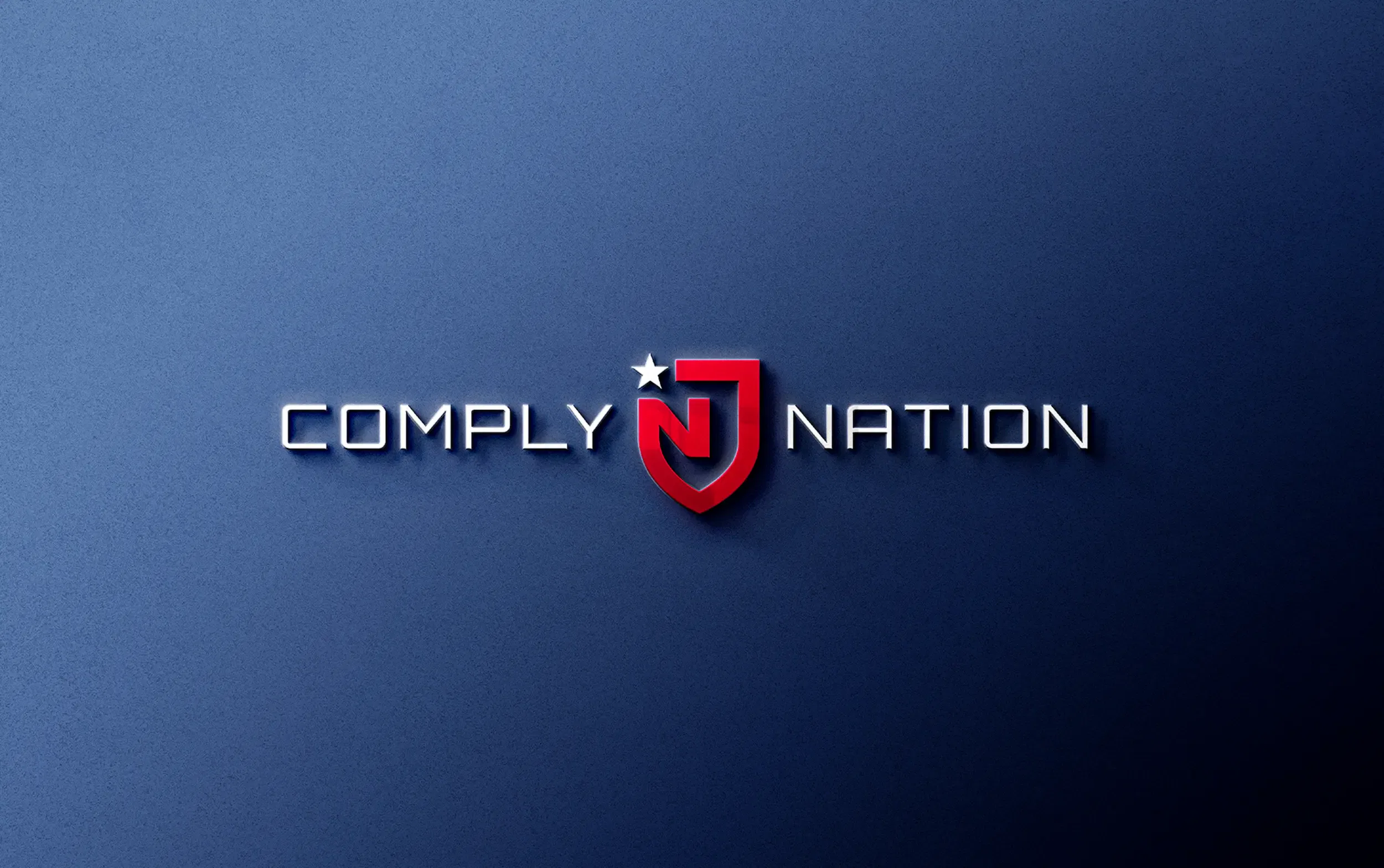 Comply Nation logo on a dark blue gradient background with a red shield and star.