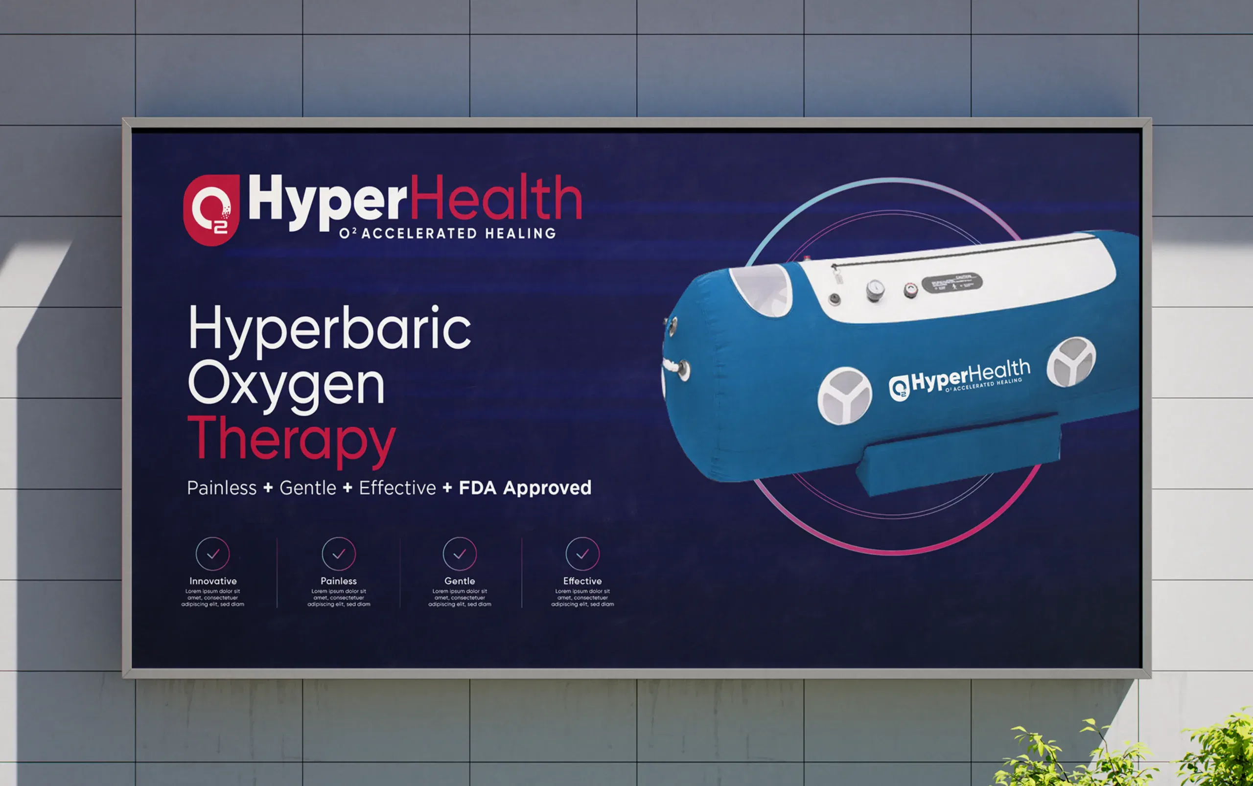 Hyperbaric Oxygen Therapy billboard promoting accelerated healing with FDA approval.