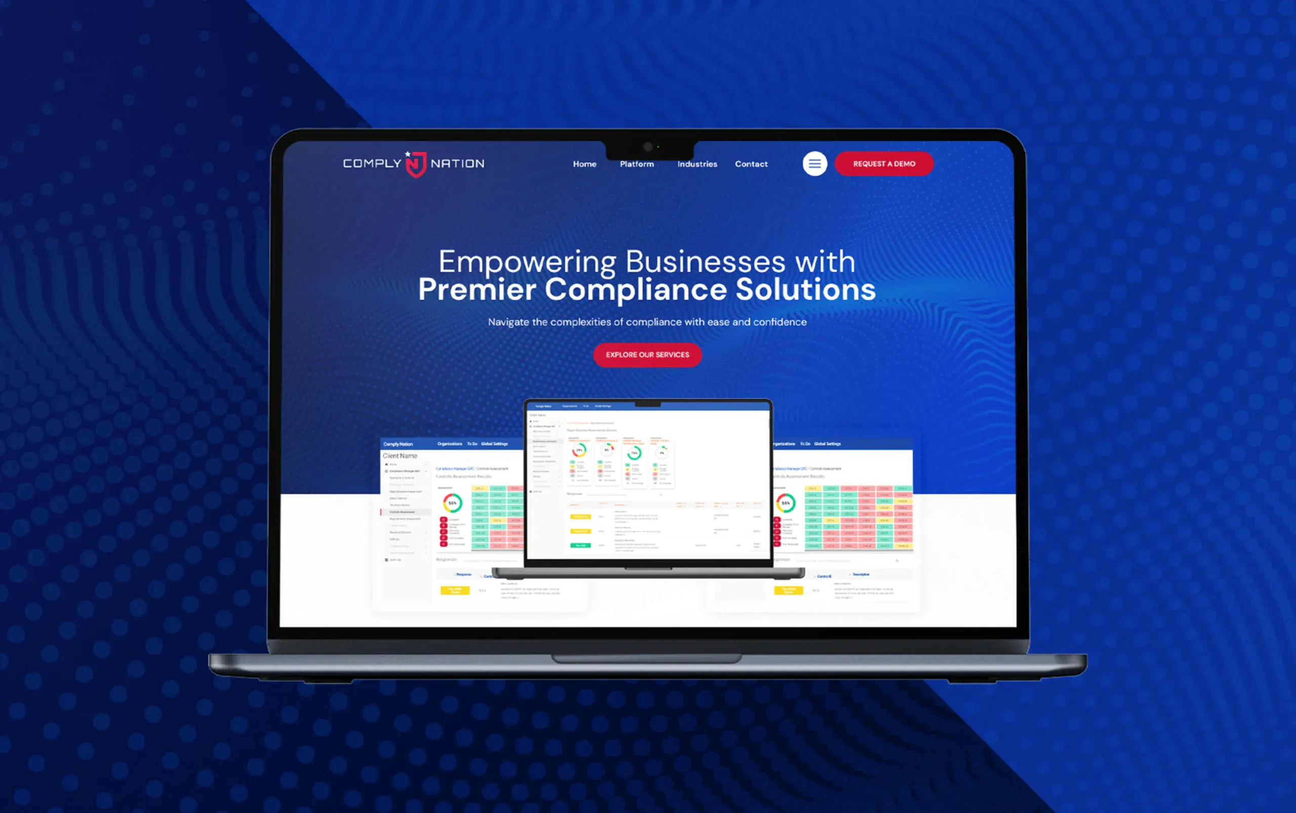 Laptop displaying a website on empowering businesses with compliance solutions against a blue background.