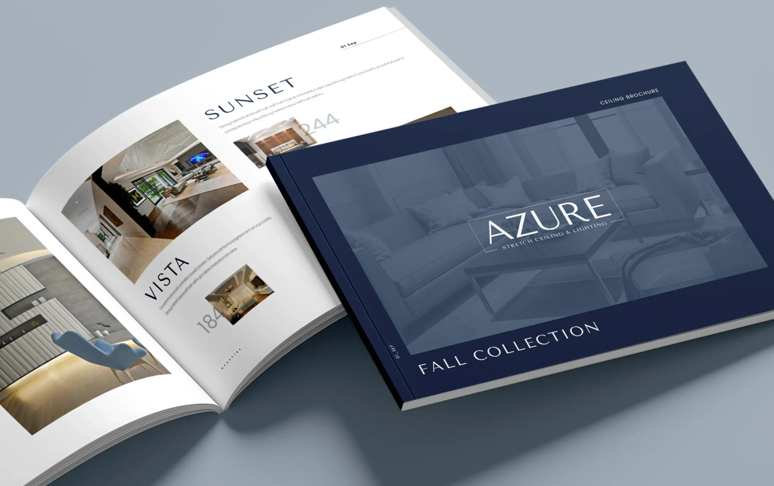 Open brochure showcasing Azure Fall Collection with elegant interior design imagery.