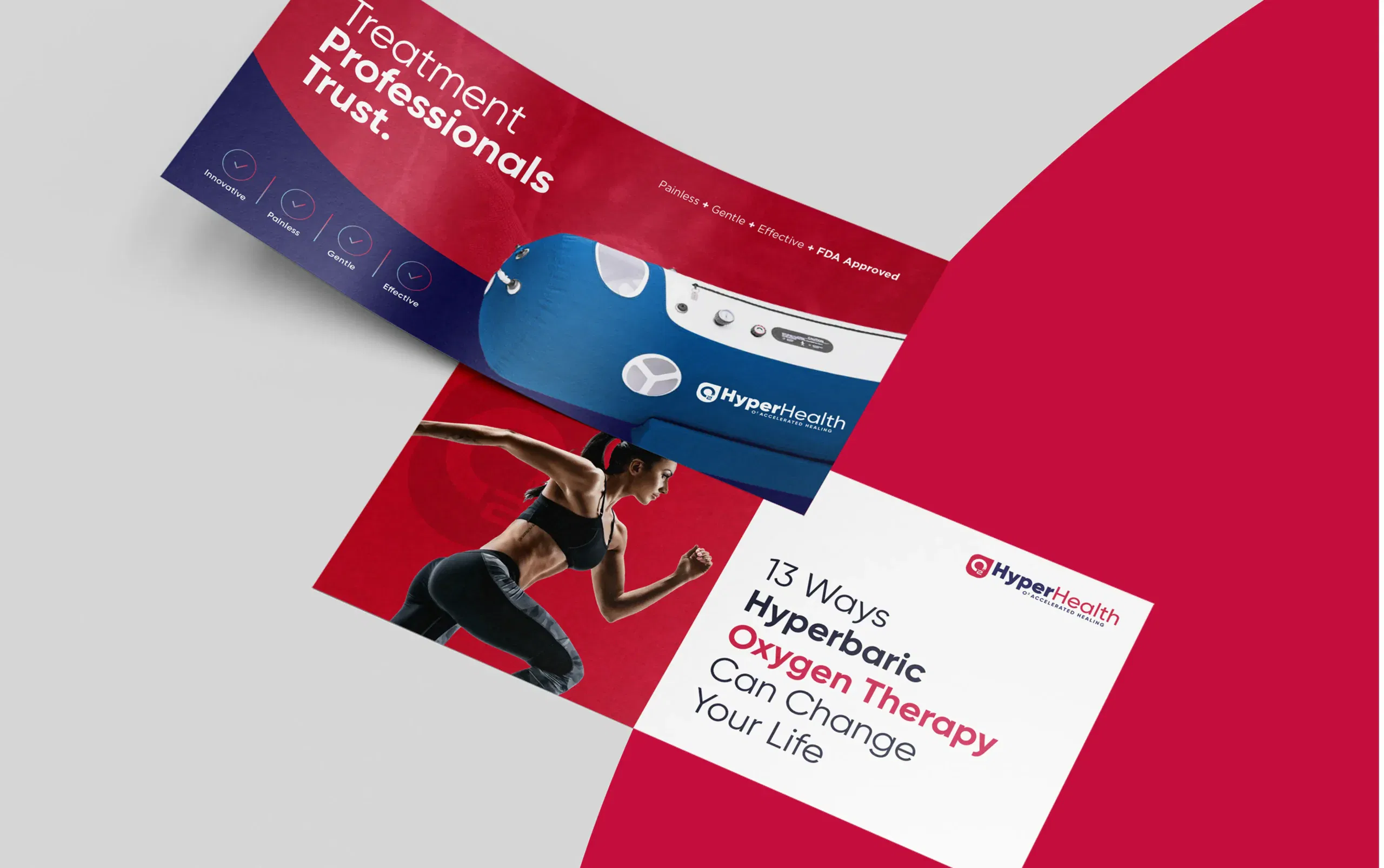 Brochure showcasing hyperbaric oxygen therapy benefits with a running athlete and therapy device.
