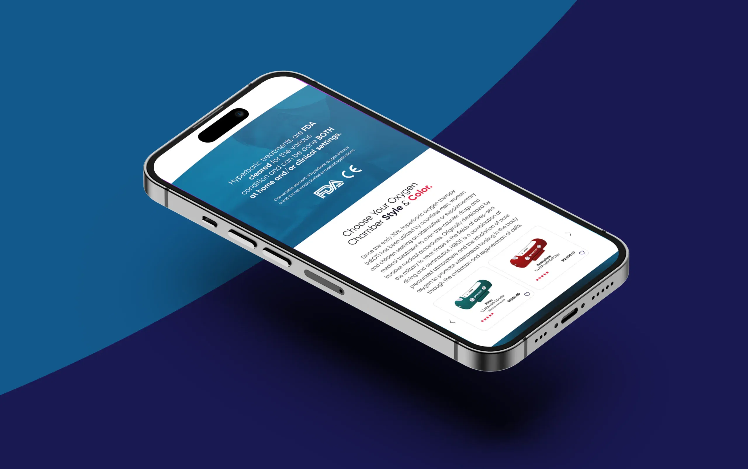 Modern smartphone displaying a sleek health app interface on a dynamic blue background.