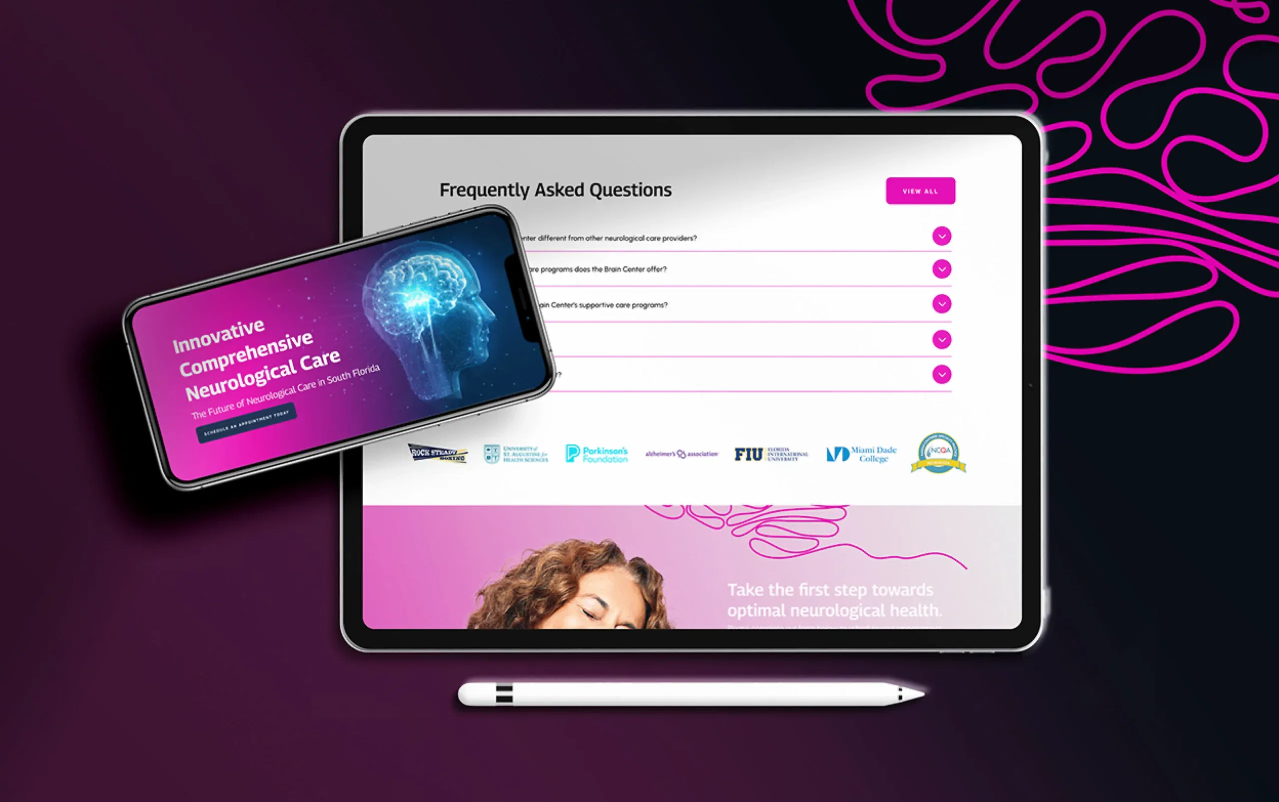 Mobile and tablet display showcasing a vibrant technological interface with brain graphics and neon accents.