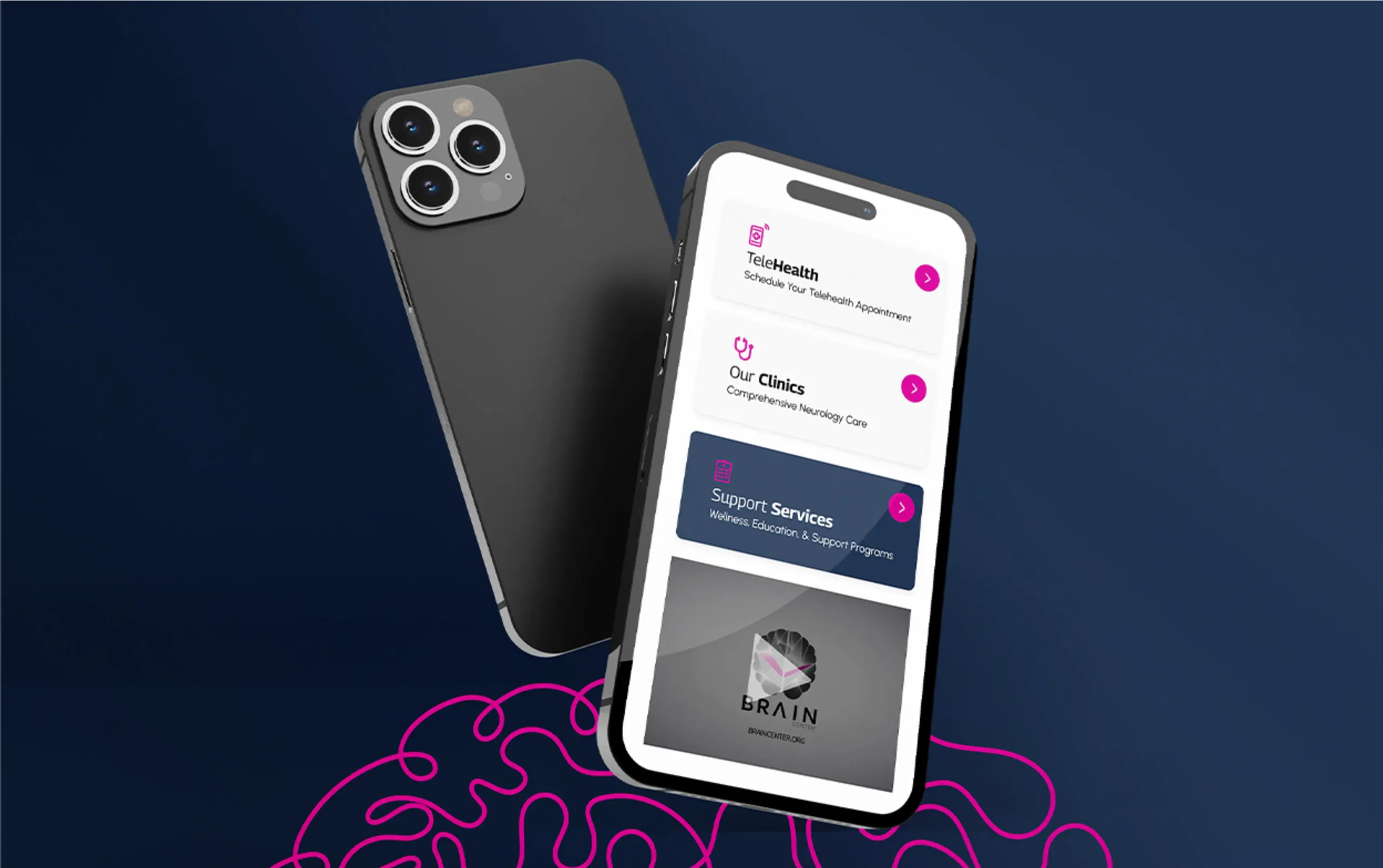 Smartphone with three-camera design next to another displaying website menu on a blue background.