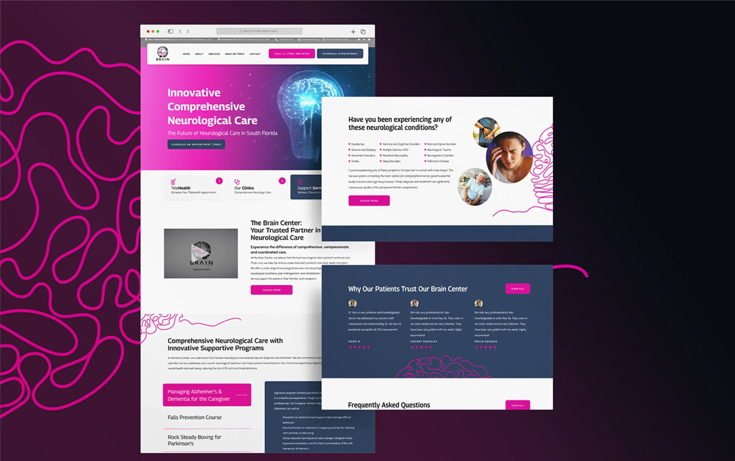 Website design concept for advanced neurological care with vibrant graphics and informative layout.