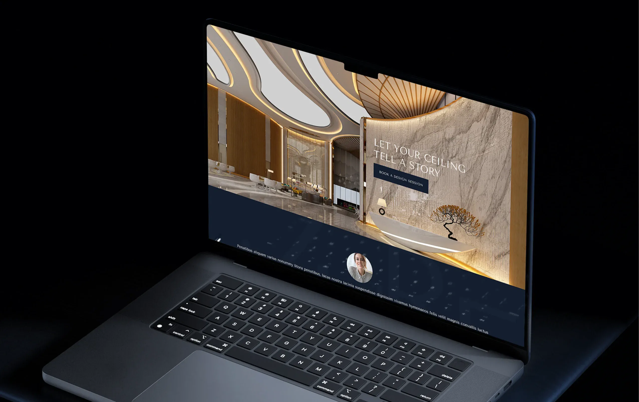 Sleek laptop with vibrant webpage display on a dark background.