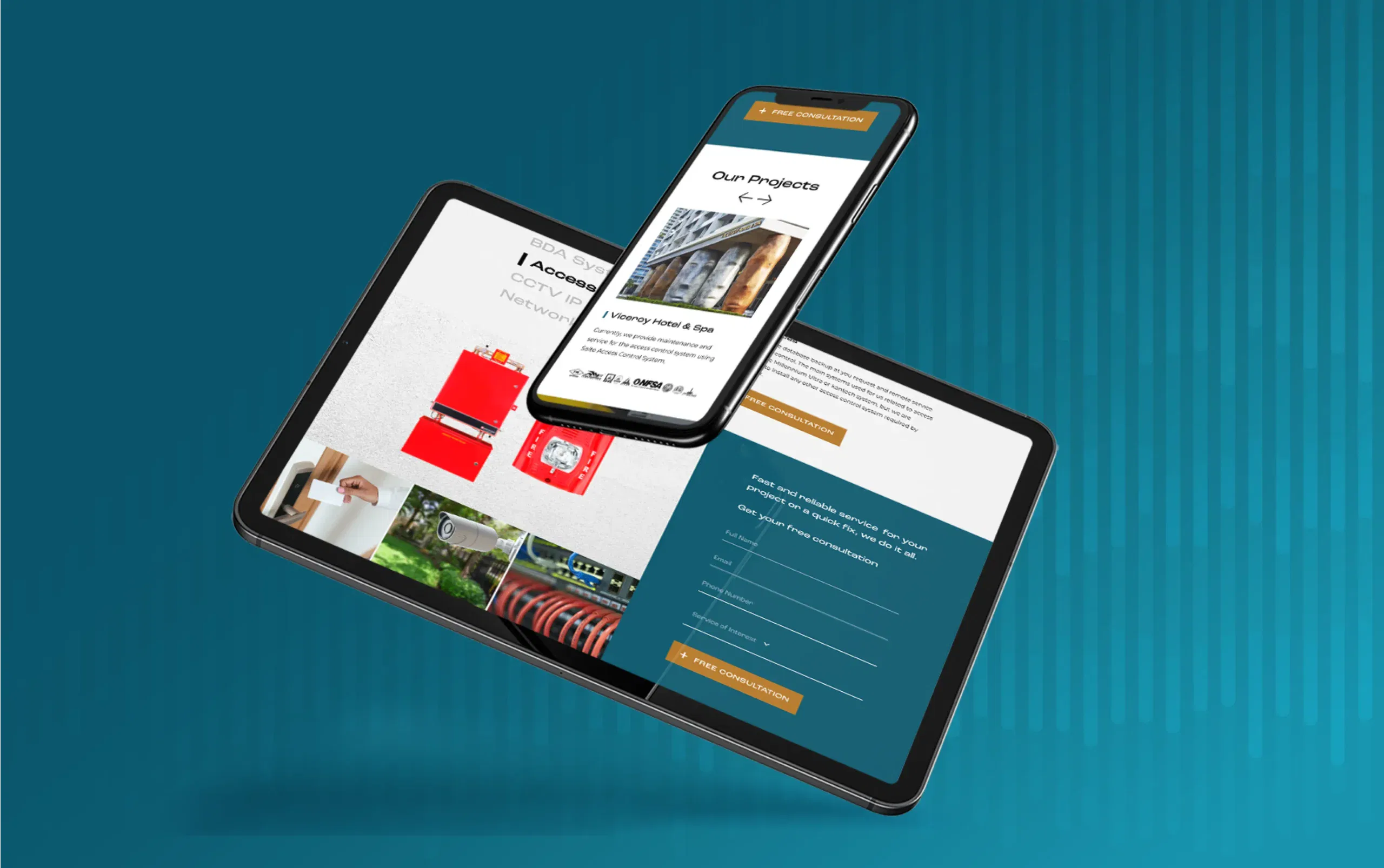 Mobile phone and tablet displaying modern web design on a teal background.