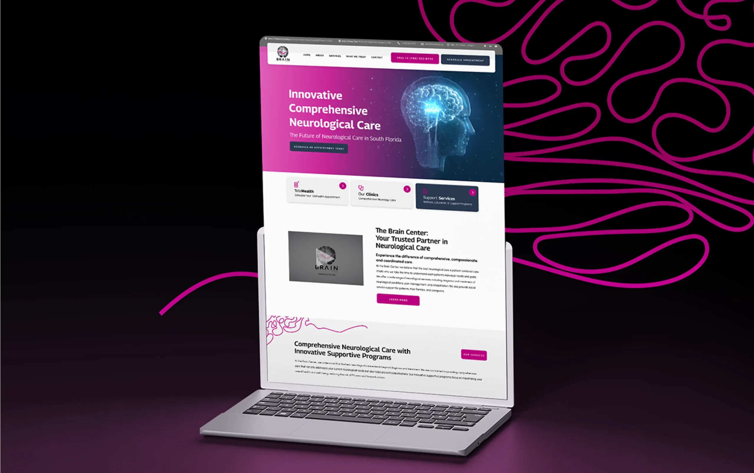 Laptop displaying a website for comprehensive neurological care, featuring a digital brain graphic and modern design.