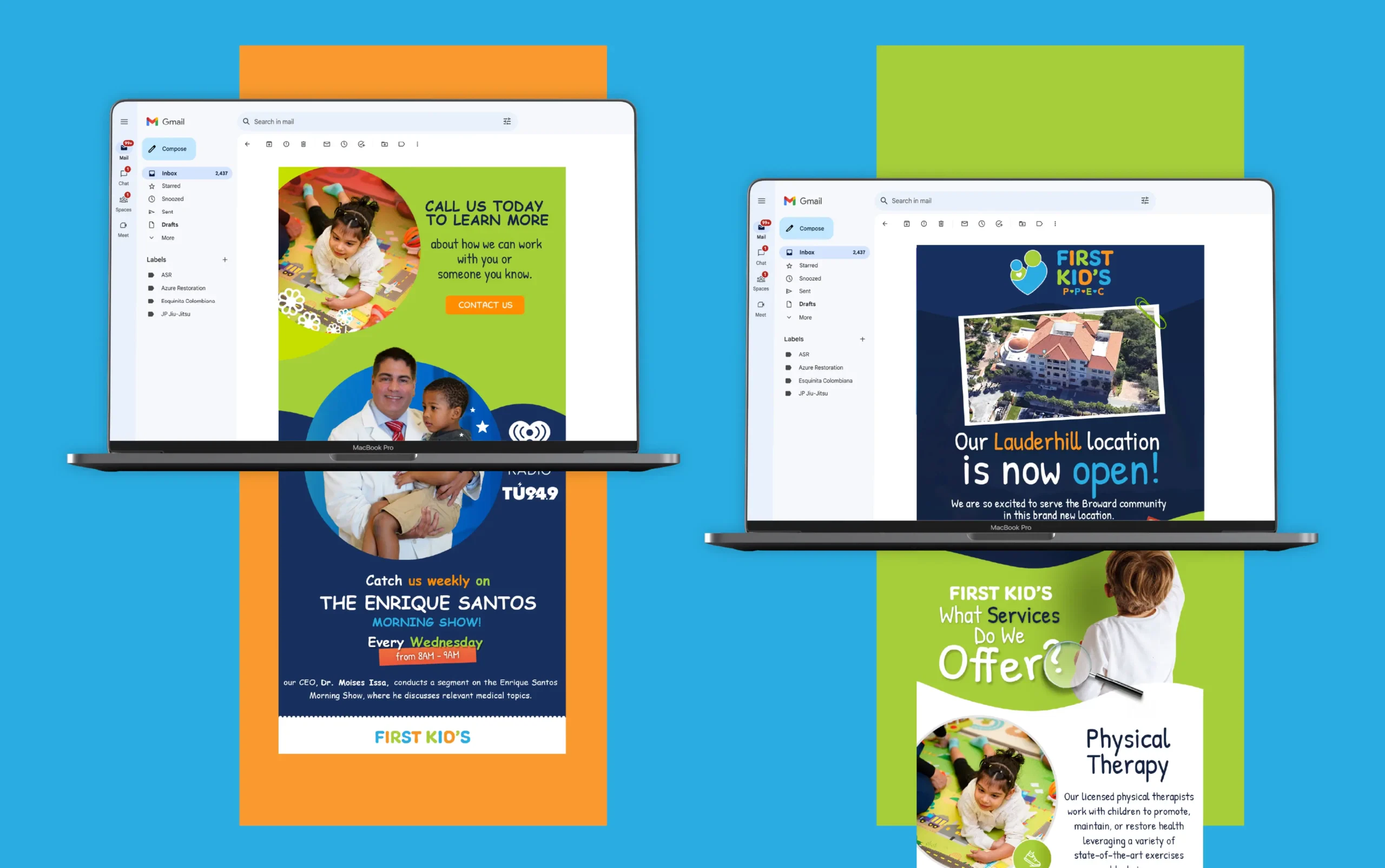 Colorful digital advertisements displayed on laptop screens against a vibrant background.