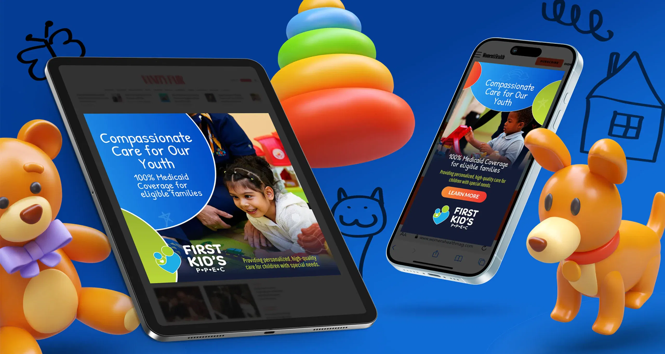 Colorful kids' dental advertisement on tablet and smartphone with playful toys.