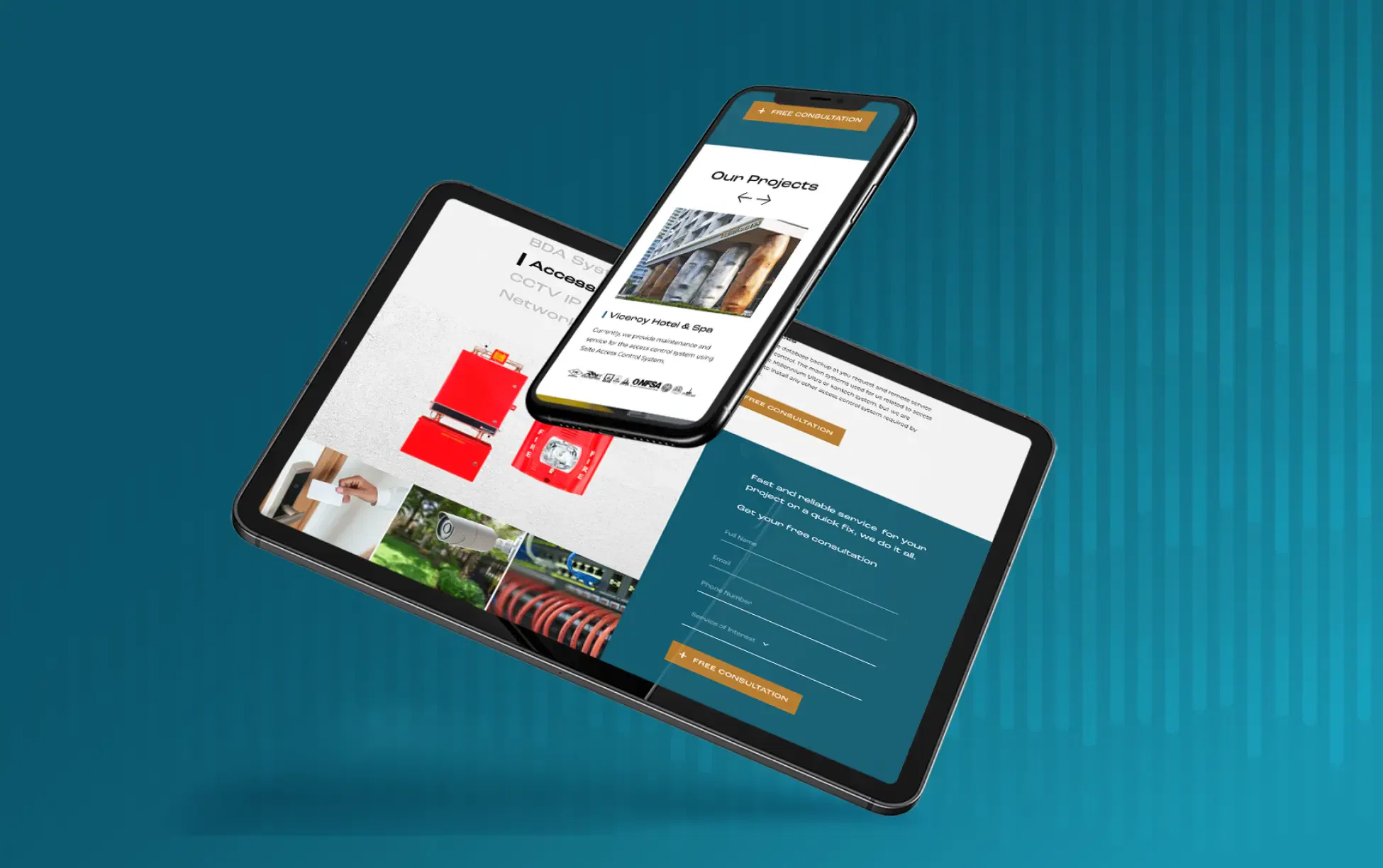 Tablet and smartphone displaying digital marketing services on a blue background.