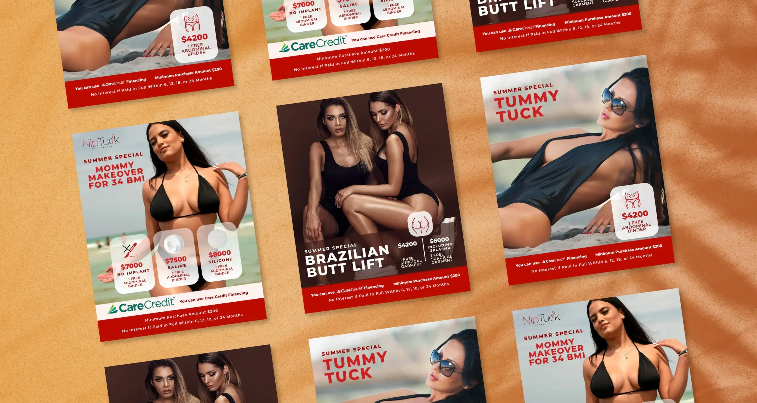 Various promotional posters for cosmetic procedures, featuring models in swimsuits showcasing Brazilian Butt Lift and Tummy Tuck services.