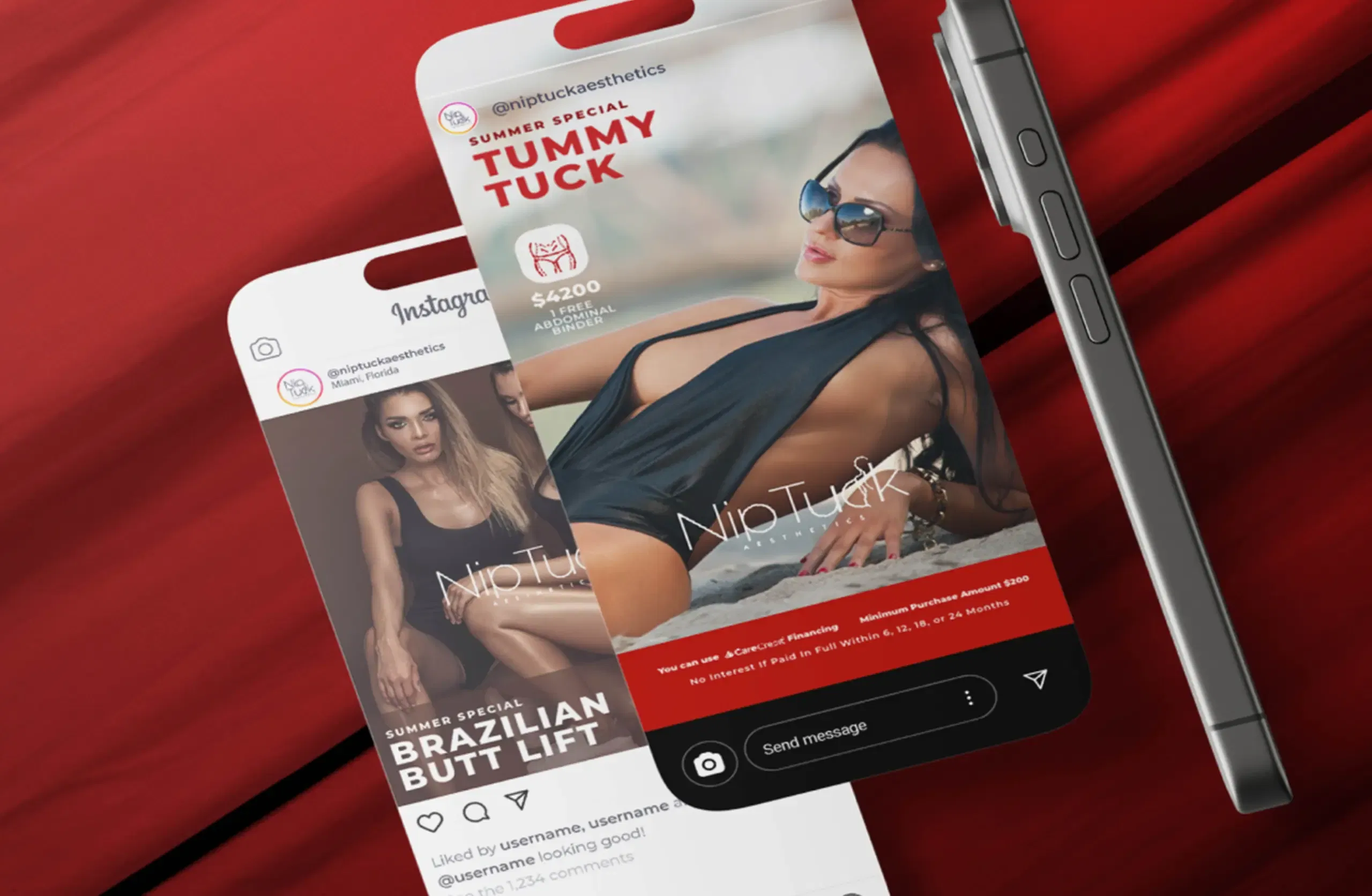 Smartphone displaying cosmetic surgery ads against a red background.