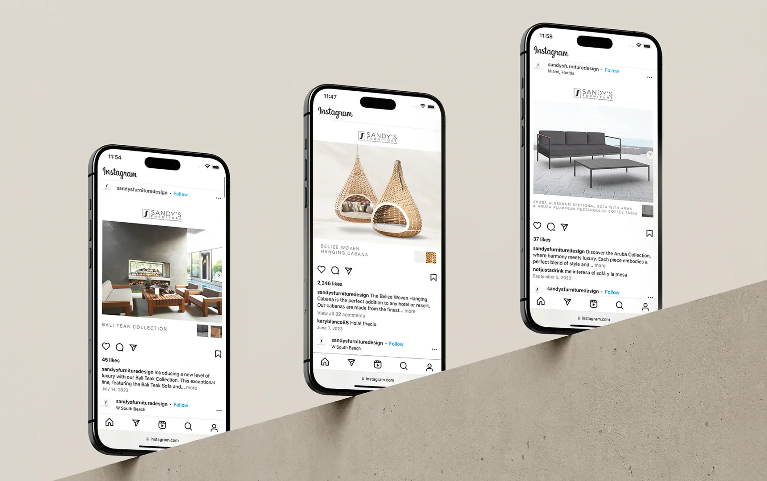 Modern smartphone displays showcasing minimalist home decor Instagram posts on a sleek concrete ledge.