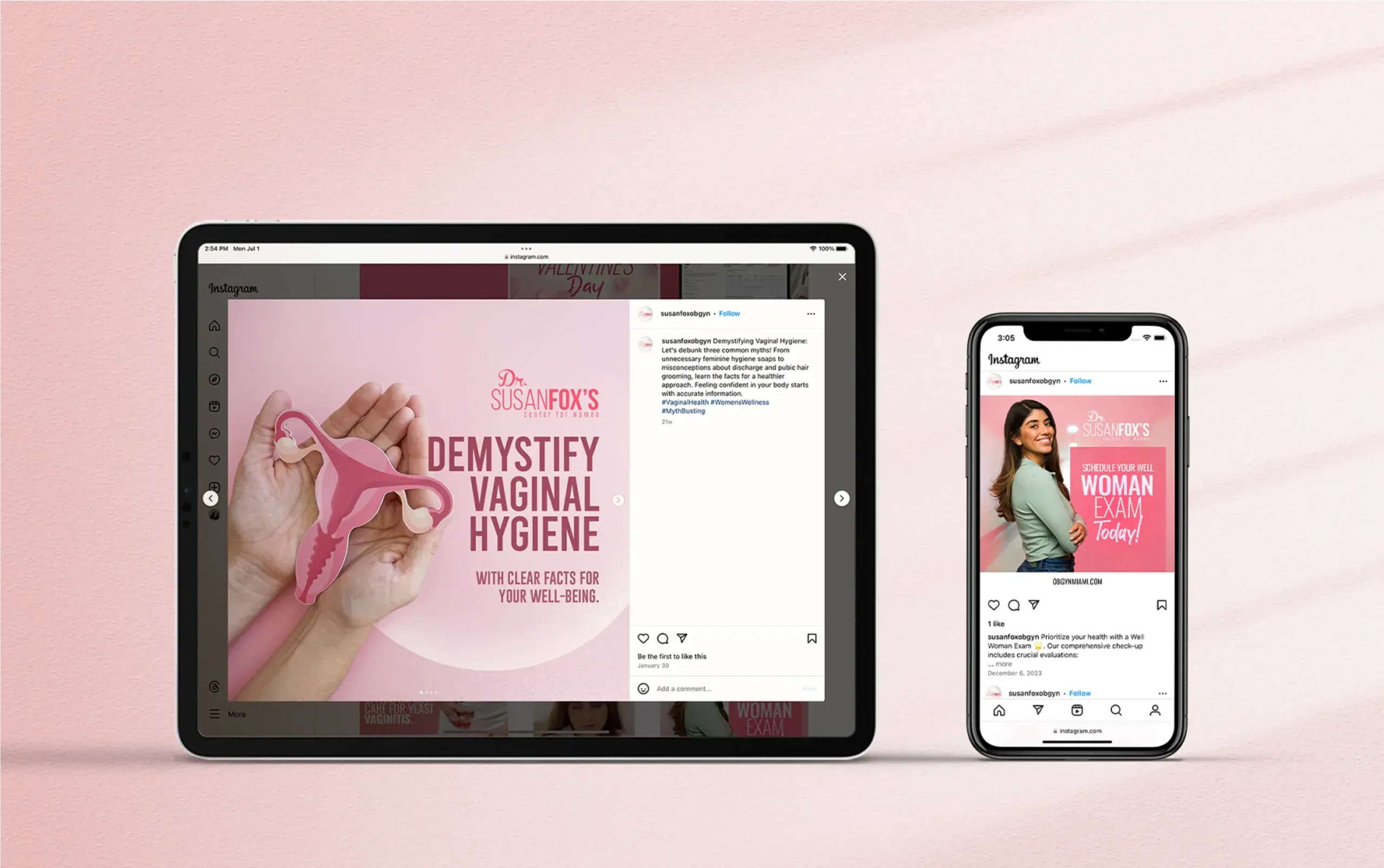 Tablet and smartphone displaying a social media post about vaginal hygiene with a pink theme.