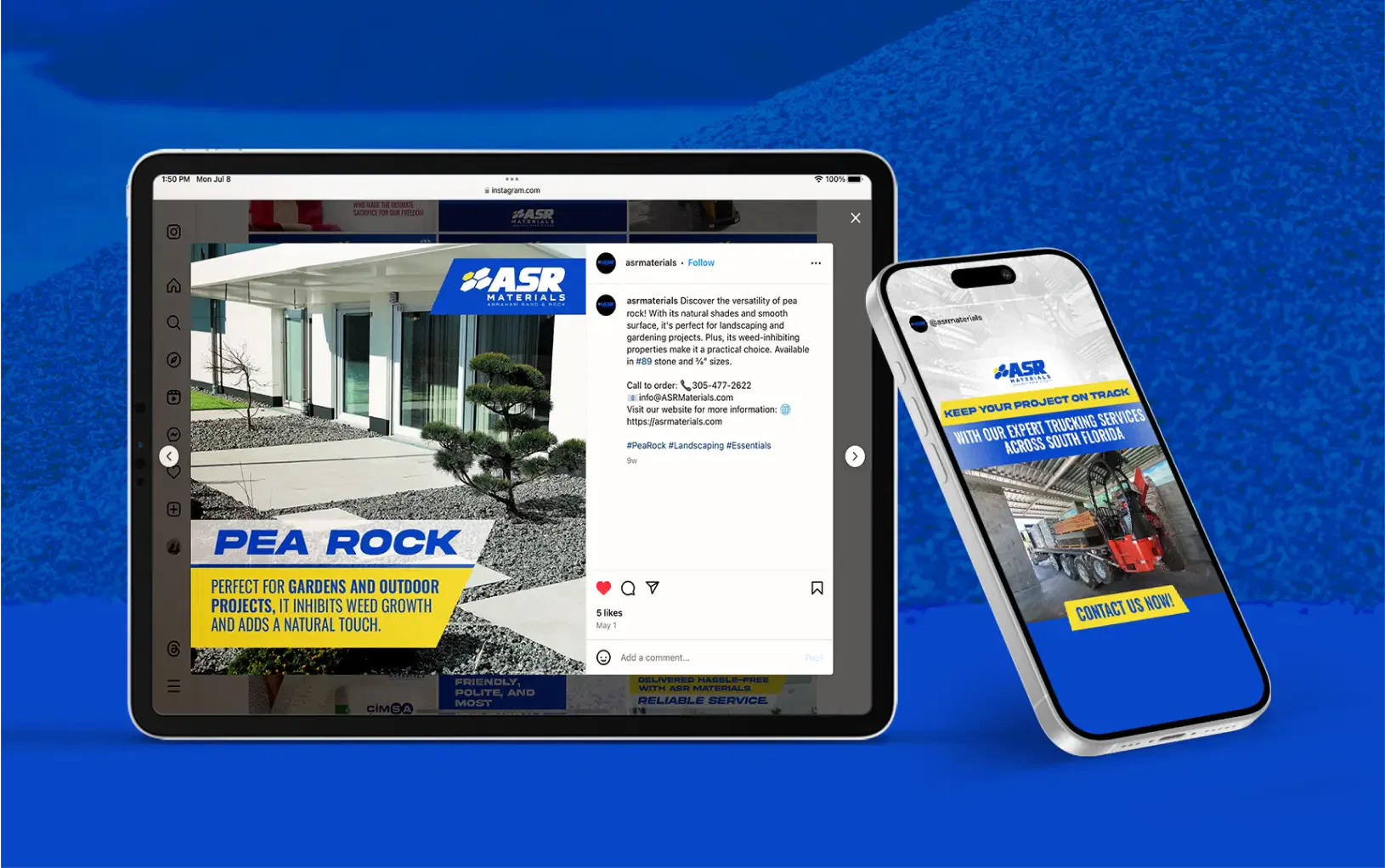 Tablet and smartphone displaying a vibrant pea rock landscaping ad with bold blue and yellow design.