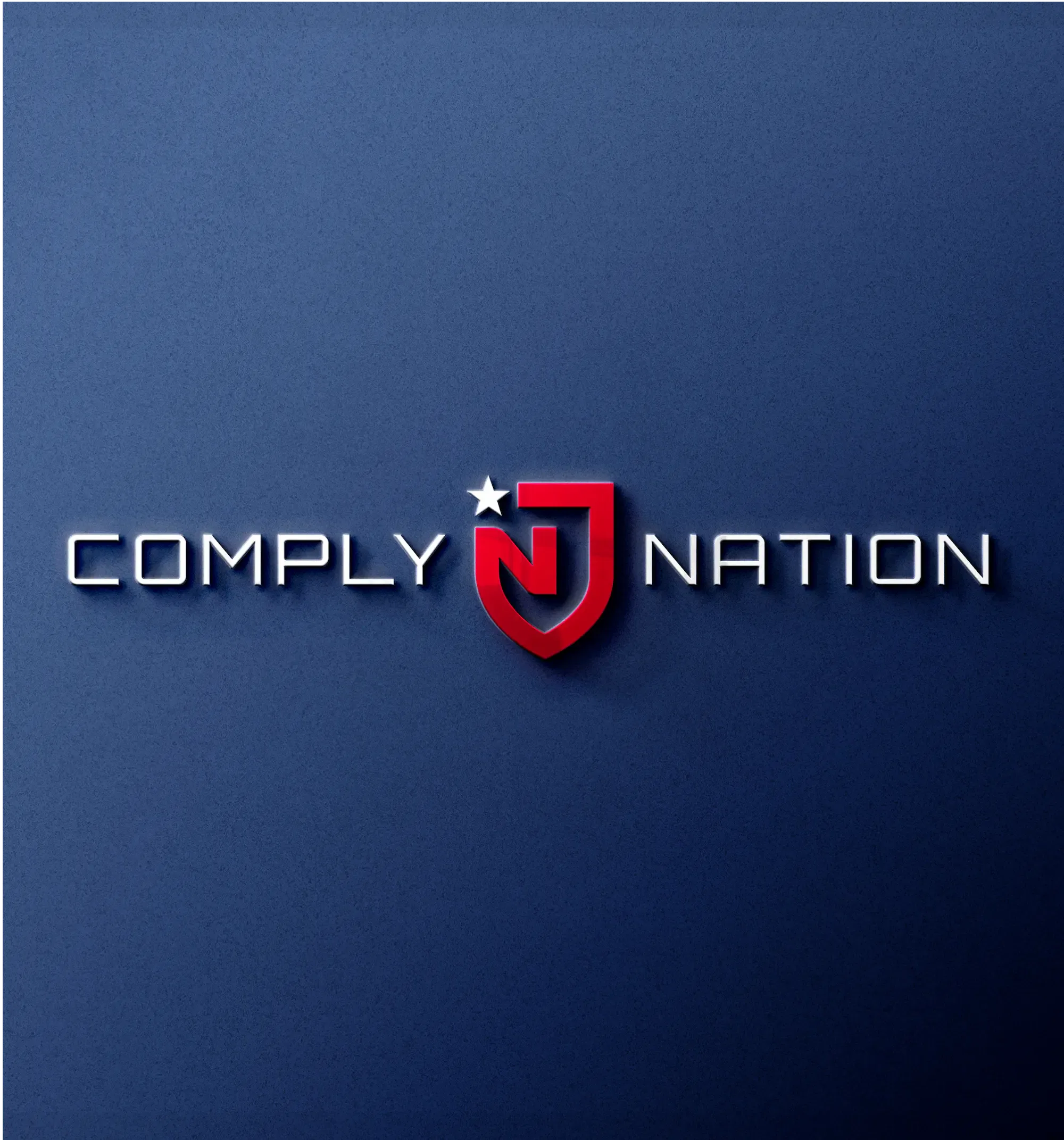 Comply Nation logo on a blue background featuring a red shield emblem