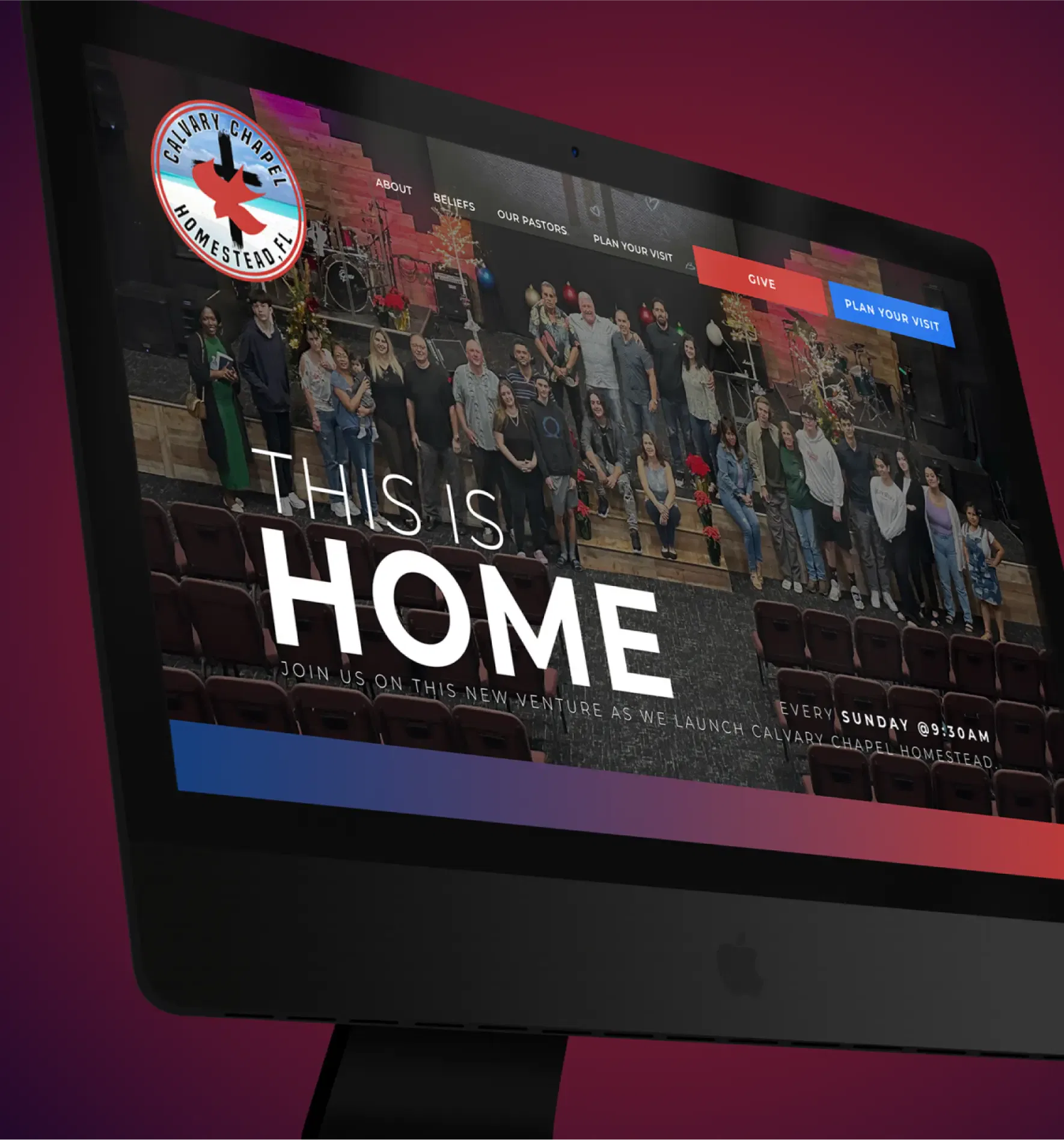 Computer screen displaying a community-focused website with a vibrant design.
